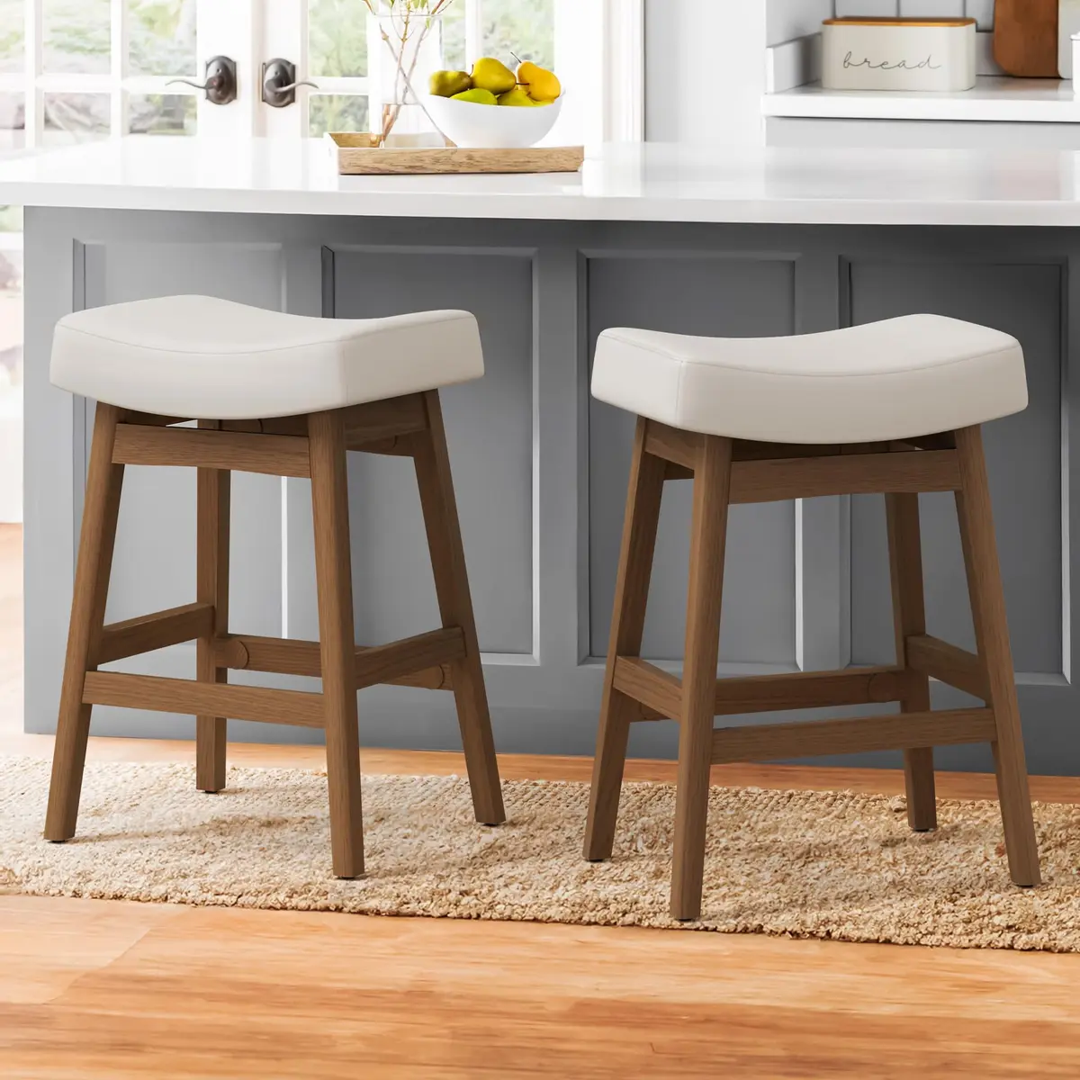 Cozyman Set of 3 Counter Height Farmhouse Barstools | Antique White Leather, 24 Inch | Sturdy Wood Legs - view 7