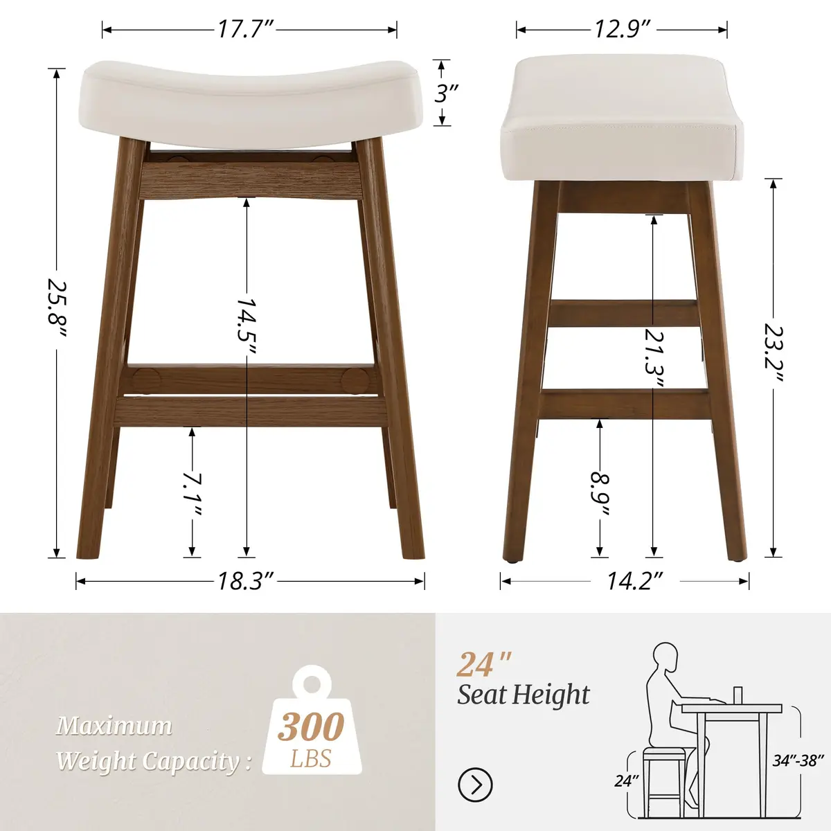 Cozyman Set of 3 Counter Height Farmhouse Barstools | Antique White Leather, 24 Inch | Sturdy Wood Legs - view 2