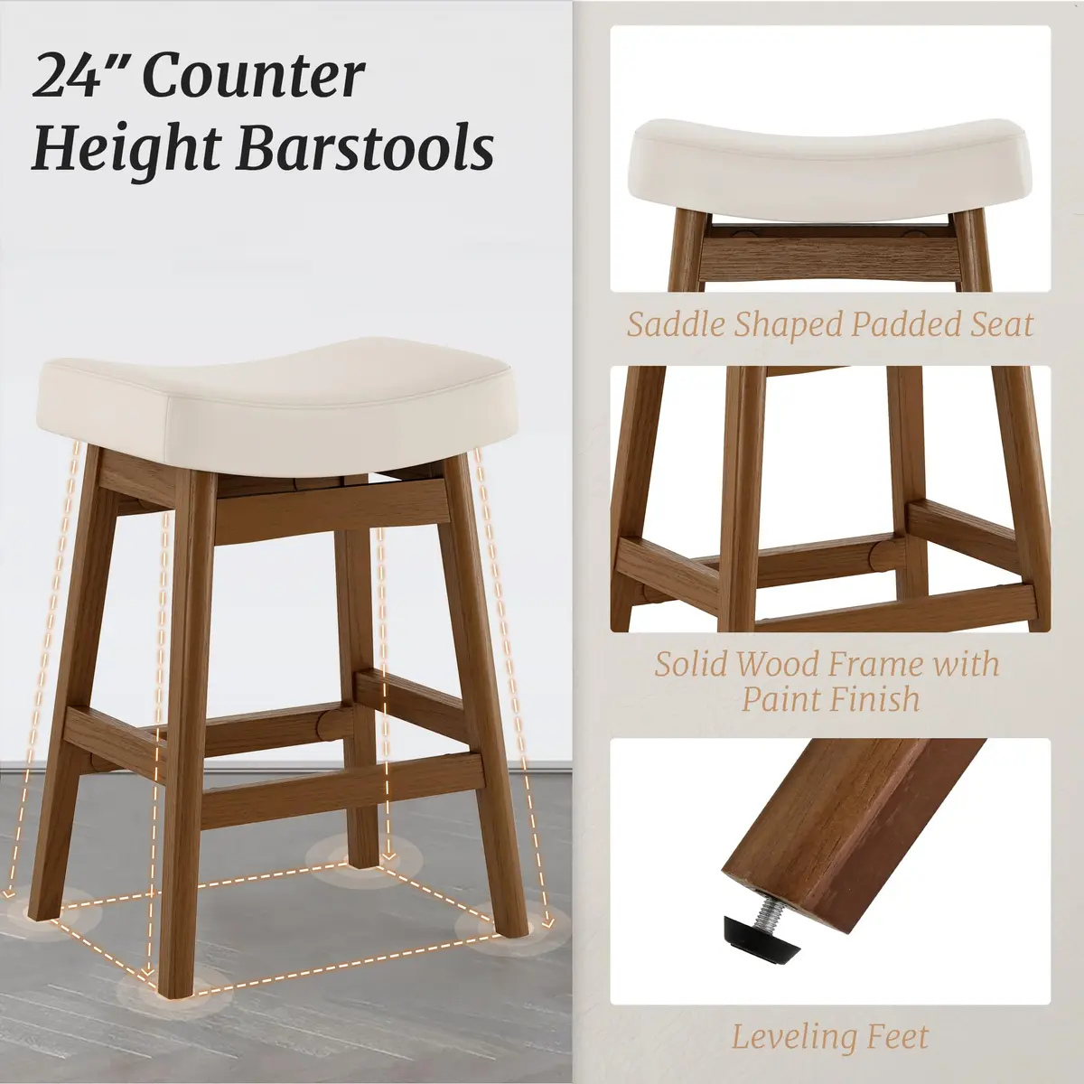 Cozyman Set of 3 Counter Height Farmhouse Barstools | Antique White Leather, 24 Inch | Sturdy Wood Legs - view 3