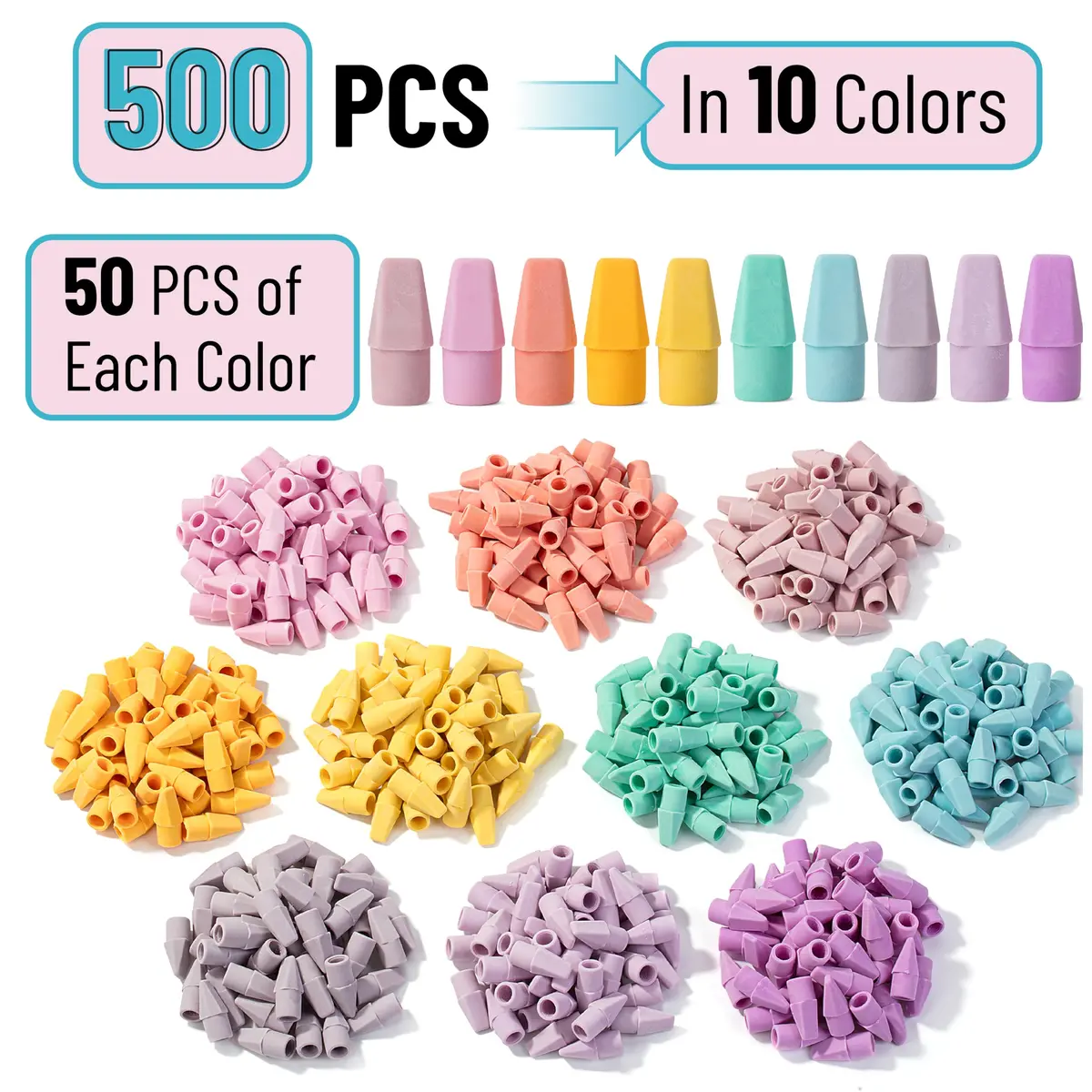Mr. Pen Pencil Eraser Toppers 500 Pack Pastel | Erasers for Pencils - view 2