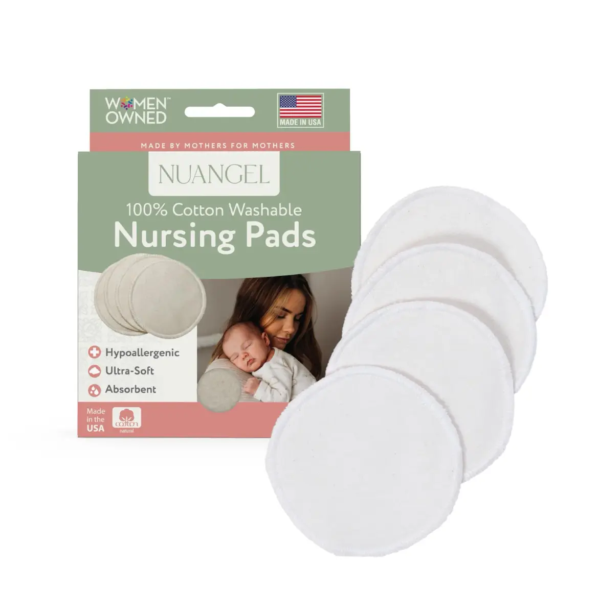 NuAngel Washable Nursing Pads 4 Pack Natural | Soft Cotton Breast Pads for New Moms - main product image