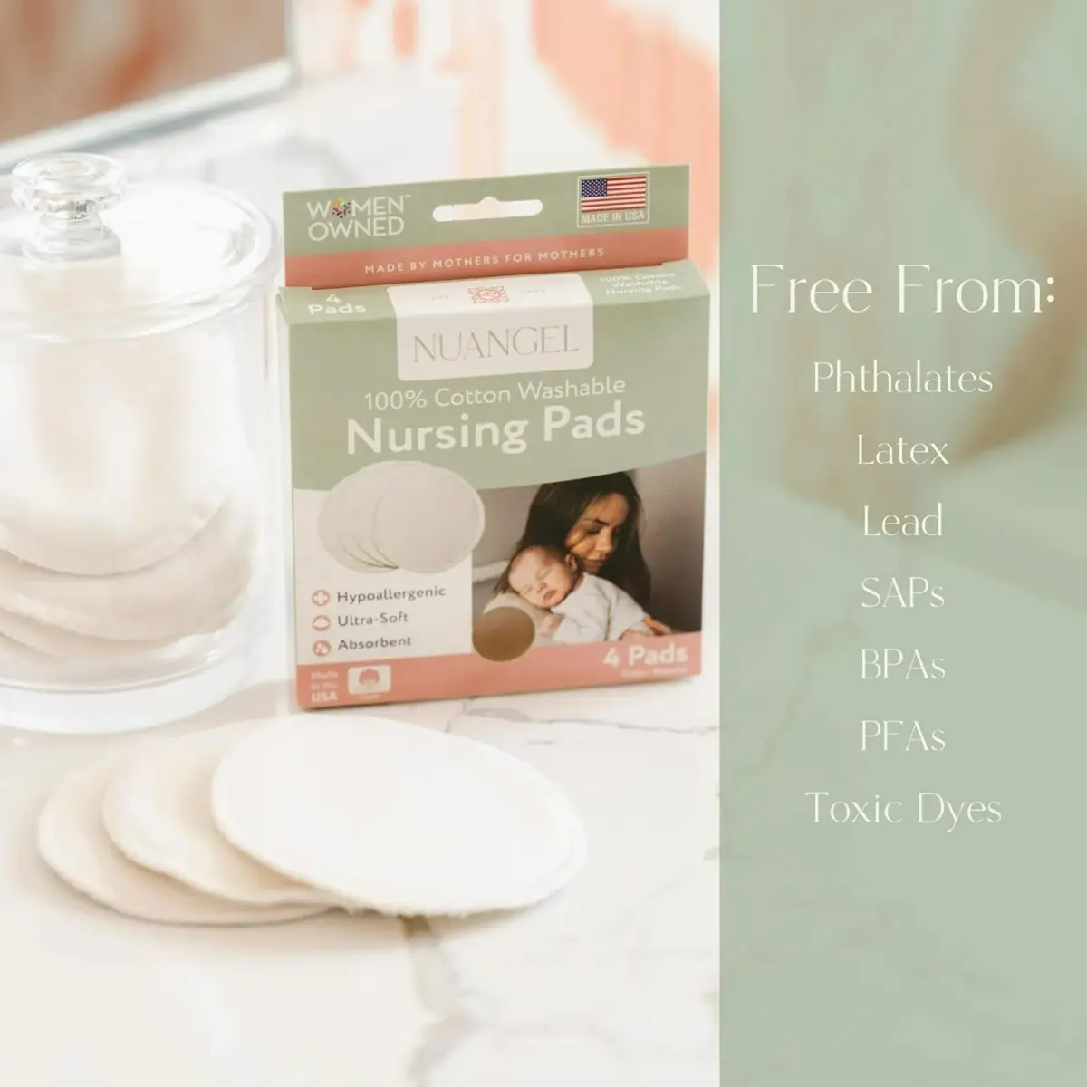 NuAngel Washable Nursing Pads 4 Pack Natural | Soft Cotton Breast Pads for New Moms - view 4