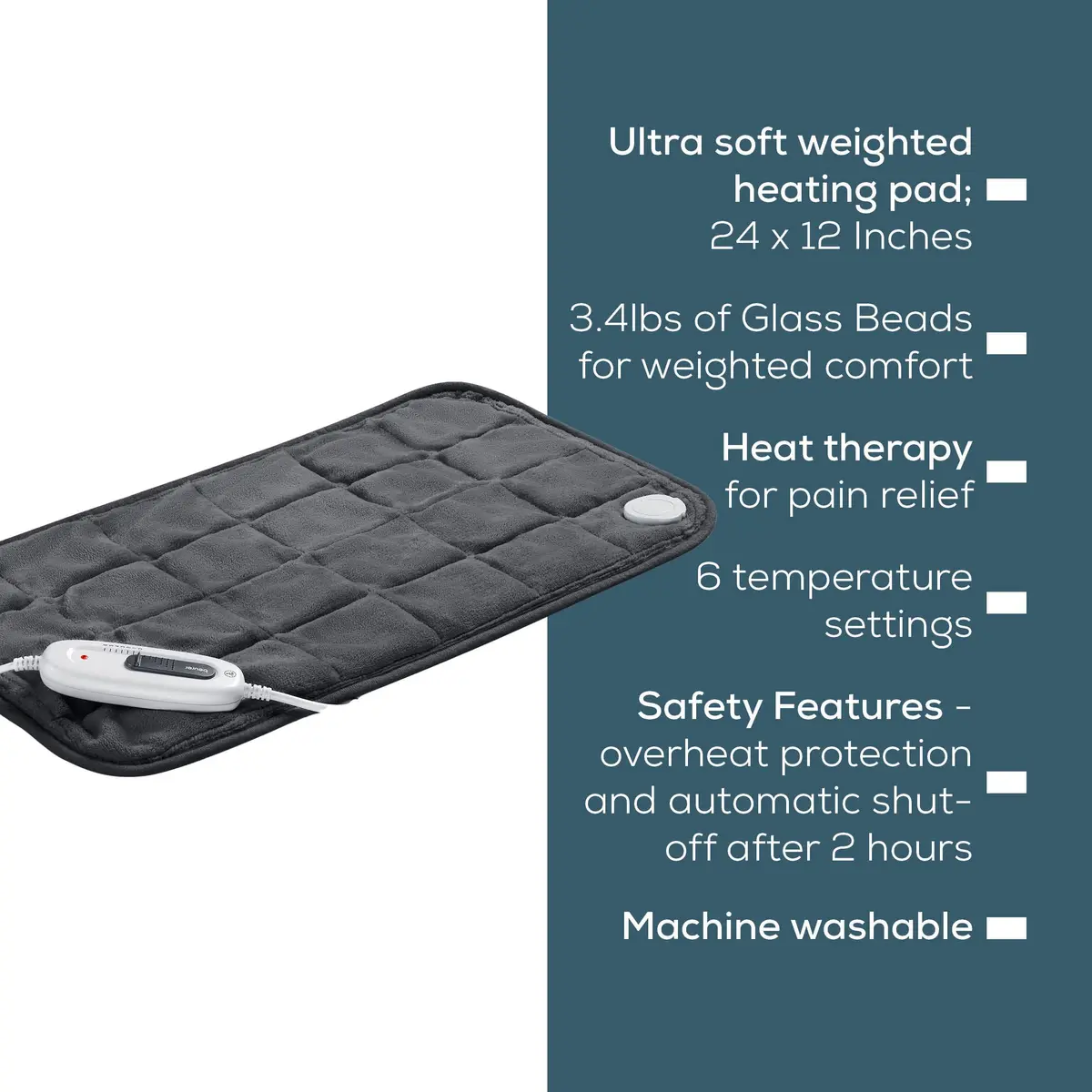 Beurer Weighted Heating Pad XL Size 12" x 24" | 6 Heat Levels, Auto Shut Off, Machine Washable, 3lbs - view 7