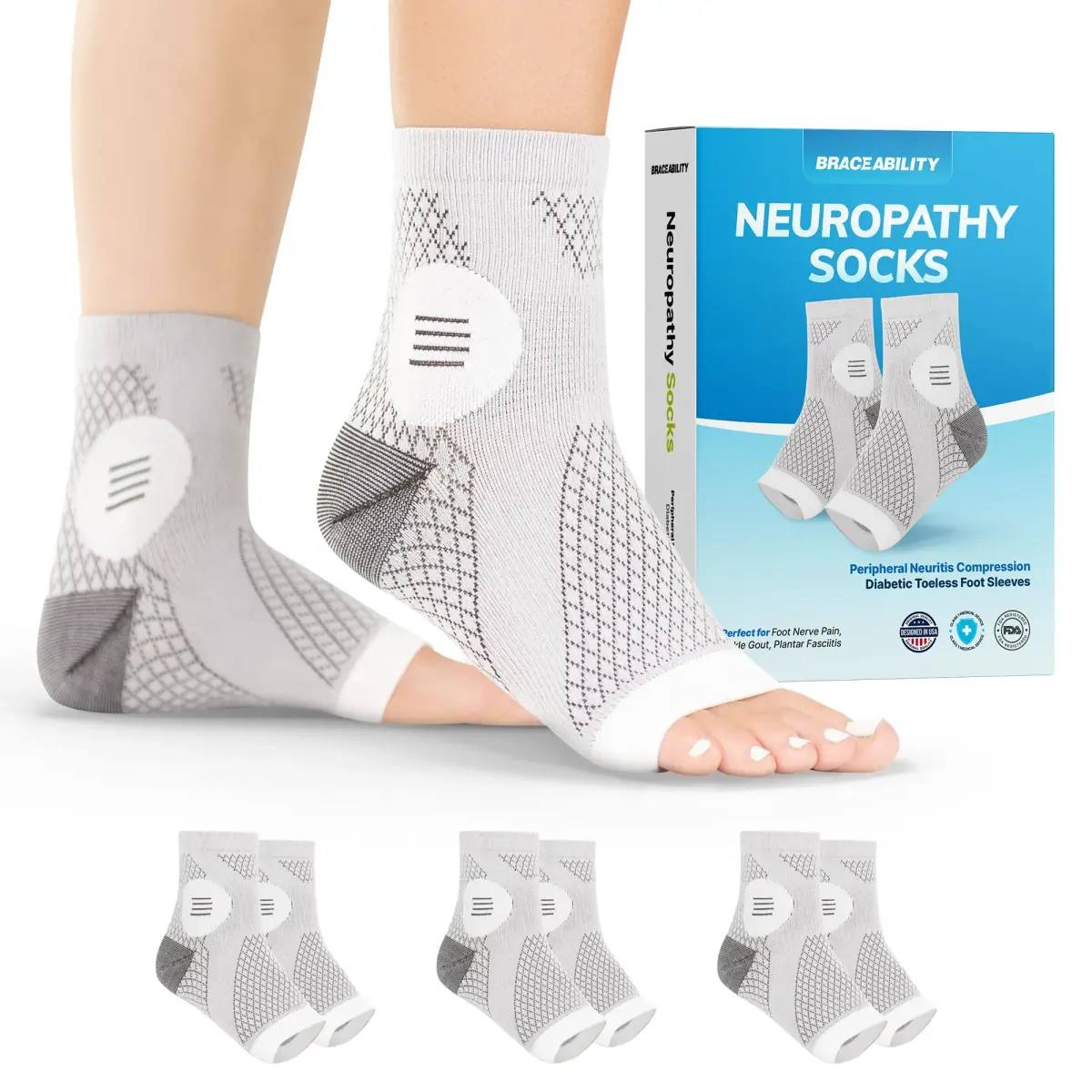 BraceAbility Neuropathy Socks - Small, Gray, 3 Pairs | FDA Approved Medical Compression Garment for Nerve Pain Relief - main product image