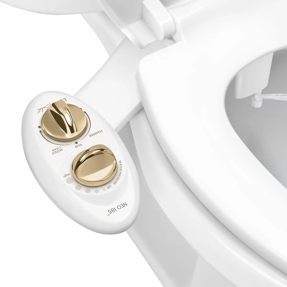 LUXE Bidet NEO 185 Bidet Attachment for Toilet Seat, Gold | Self-Cleaning Dual Nozzle, Adjustable Water Pressure - main product image