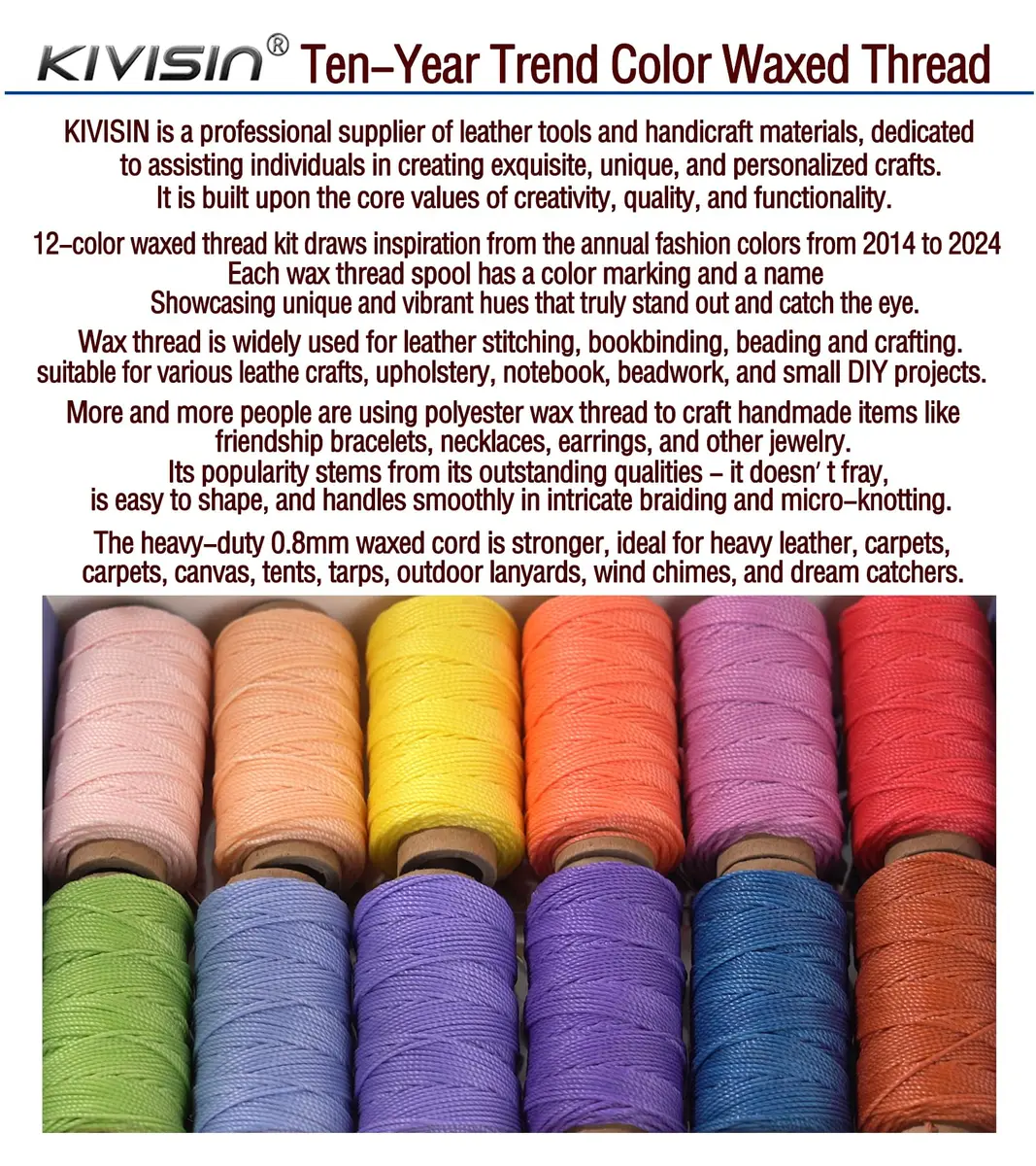 KIVISIN 12 Round Waxed Thread 0.8mm | Durable Leather & Jewelry Cord for Crafts - view 5