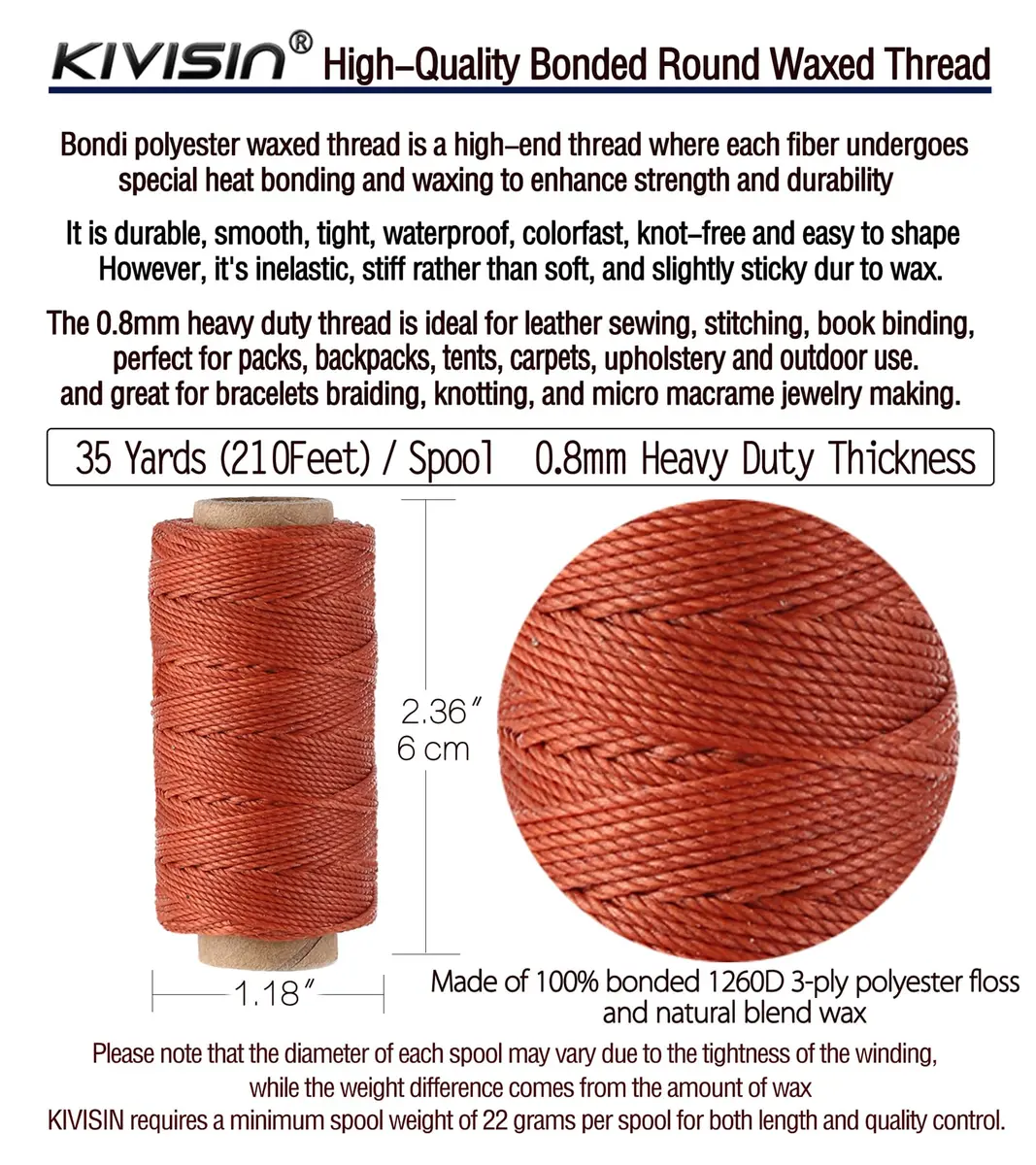 KIVISIN 12 Round Waxed Thread 0.8mm | Durable Leather & Jewelry Cord for Crafts - view 3