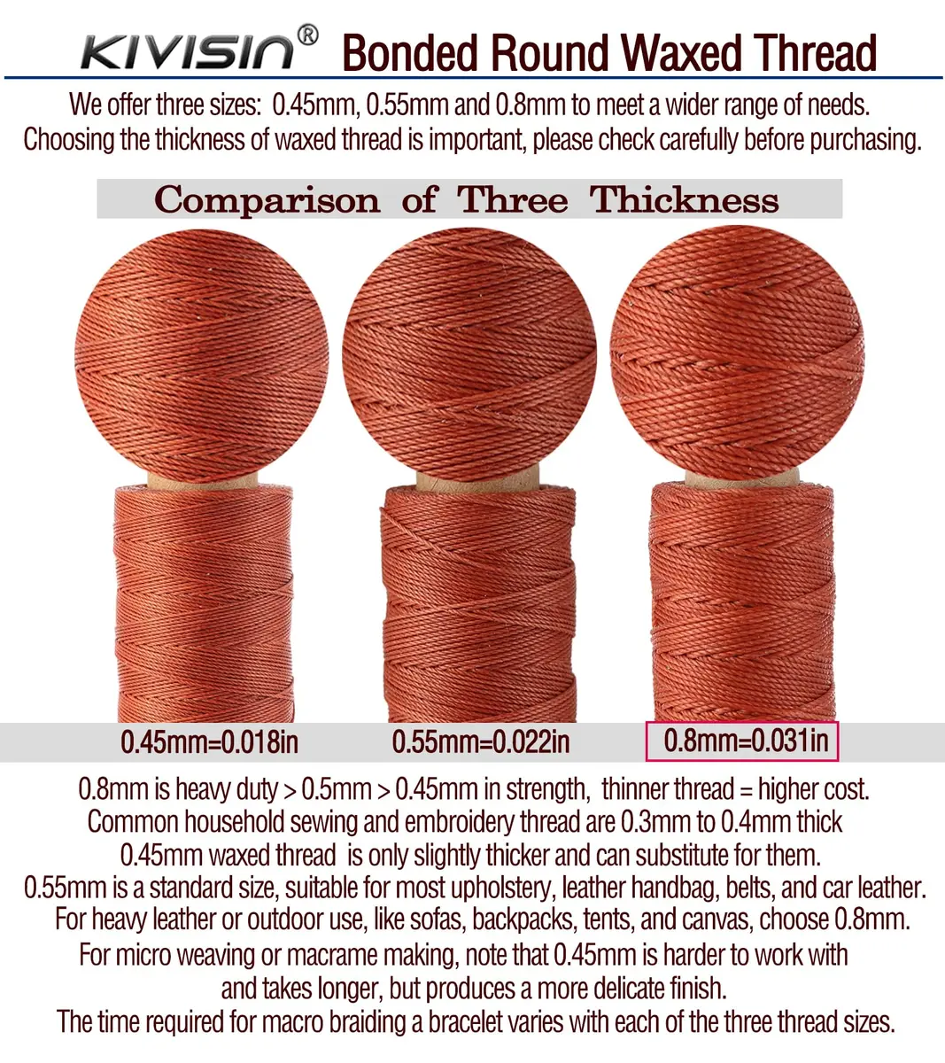 KIVISIN 12 Round Waxed Thread 0.8mm | Durable Leather & Jewelry Cord for Crafts - view 4
