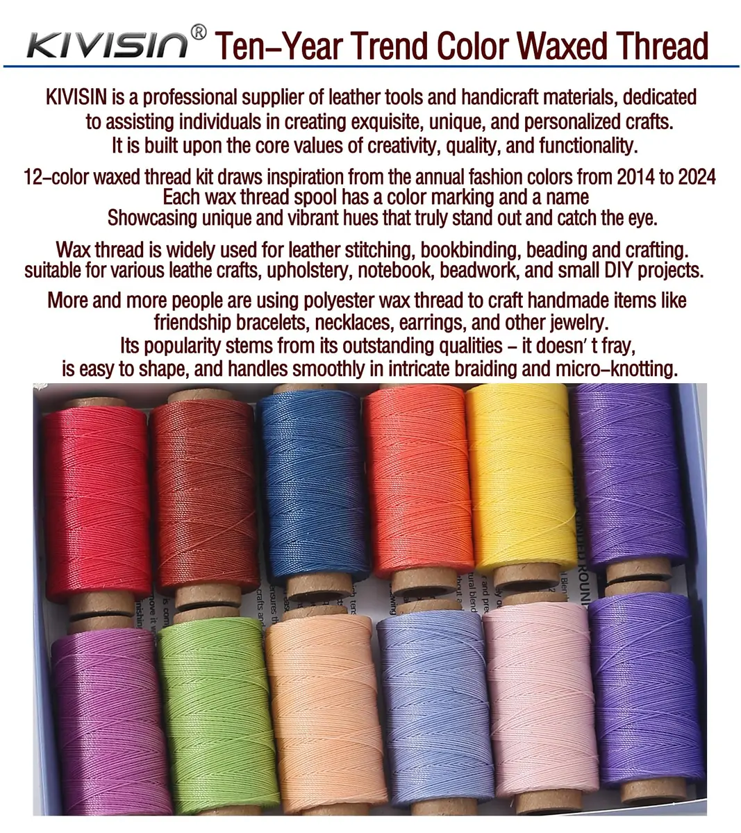 KIVISIN 12 Multicolor Round Waxed Thread 0.45mm | Waterproof, Durable & Vibrant (70-120 chars) - view 5