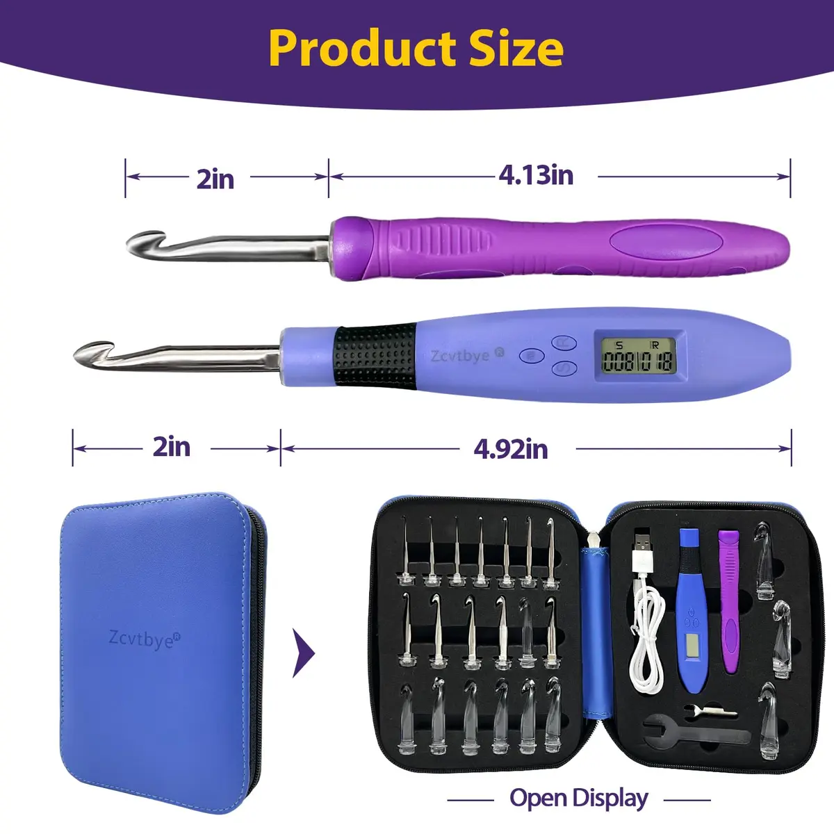 Zcvtbye Light Up Crochet Hooks Set, 22 Sizes with Digital Counters & LED Light | Ergonomic & Rechargeable - view 5