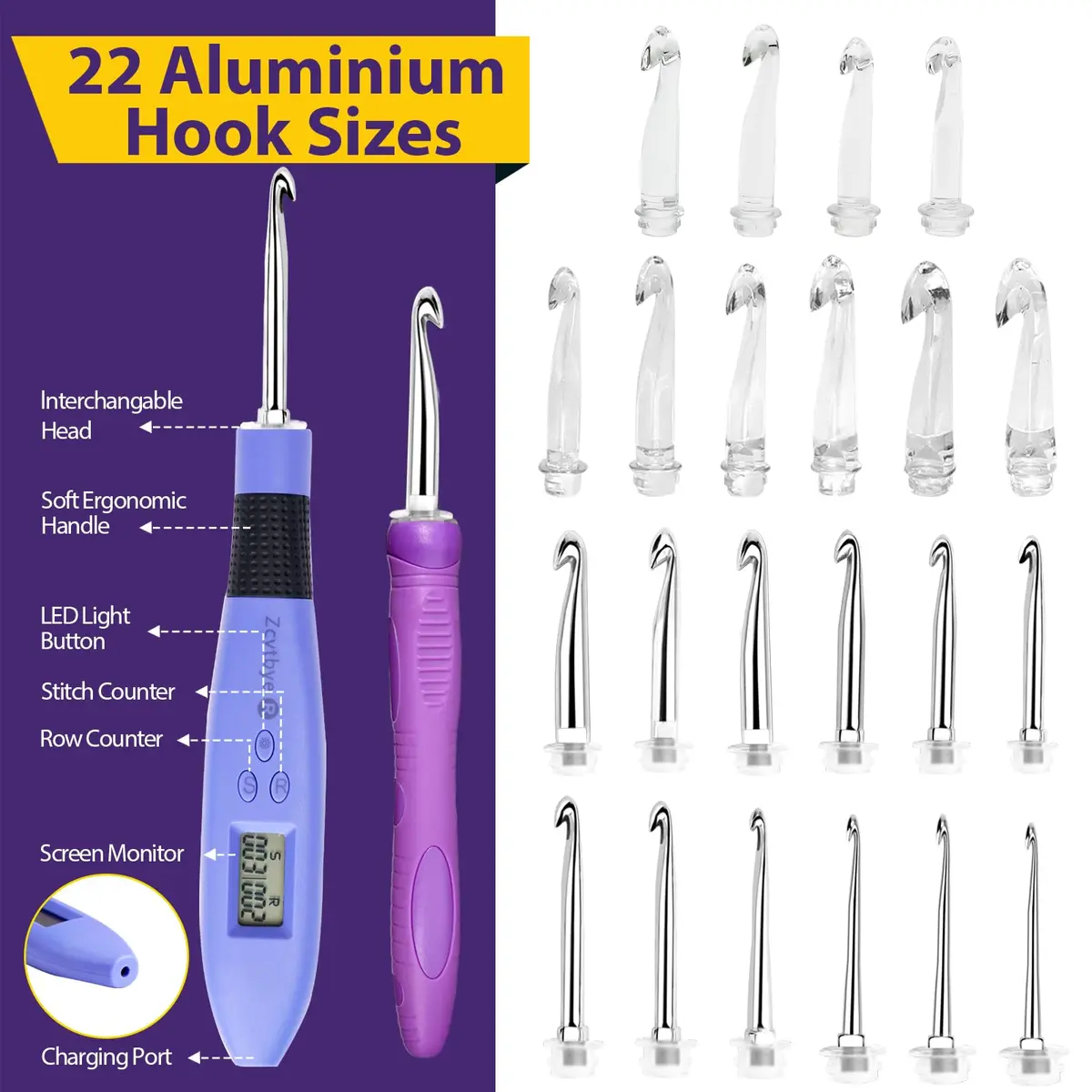 Zcvtbye Light Up Crochet Hooks Set, 22 Sizes with Digital Counters & LED Light | Ergonomic & Rechargeable - view 4