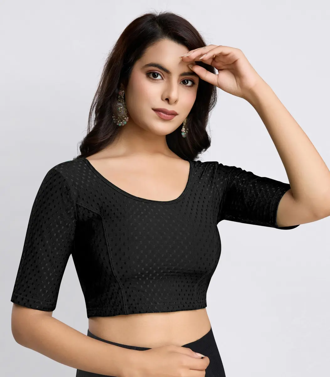 TRENDMALLS Dobby Cotton Stretchable Saree Blouse Black XL | Ready-to-Wear, Elbow Sleeve, Round Neck - view 5