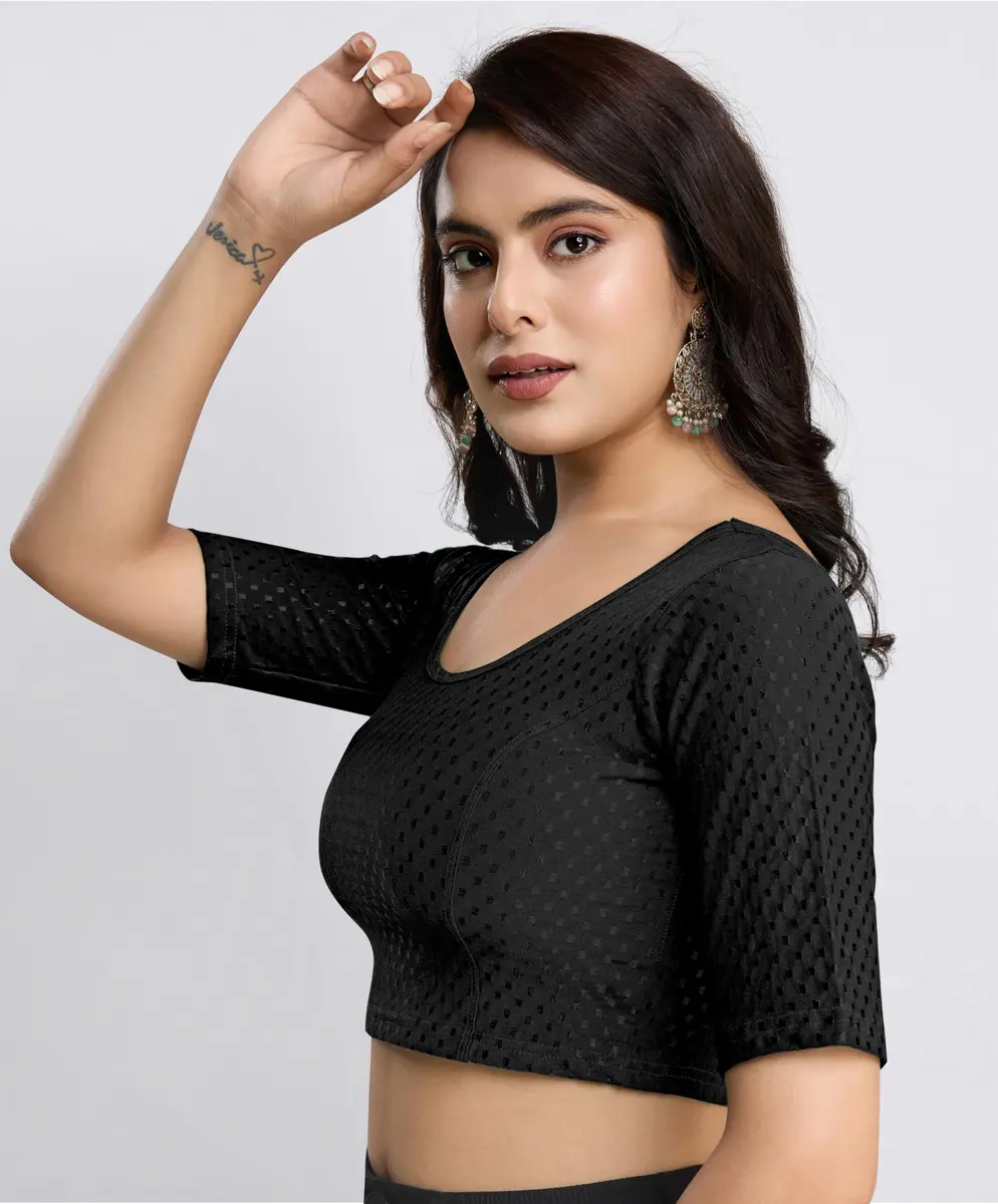 TRENDMALLS Dobby Cotton Stretchable Saree Blouse Black XL | Ready-to-Wear, Elbow Sleeve, Round Neck - view 7