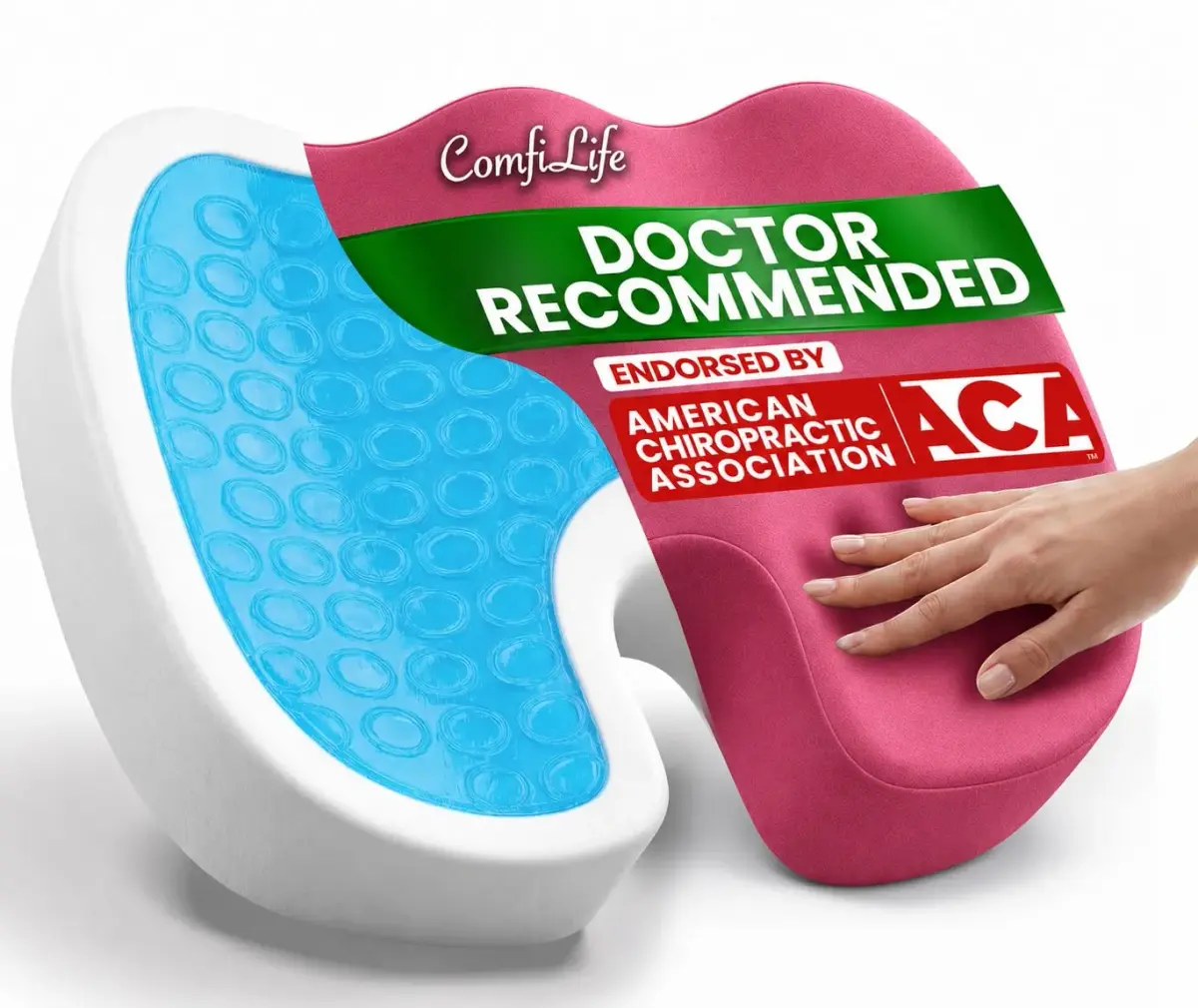 ComfiLife Gel Memory Foam Seat Cushion with Cooling Gel Layer - Ergonomic U-Shape for Back & Sciatica Relief - Pink, 44cm (17.5") - main product image