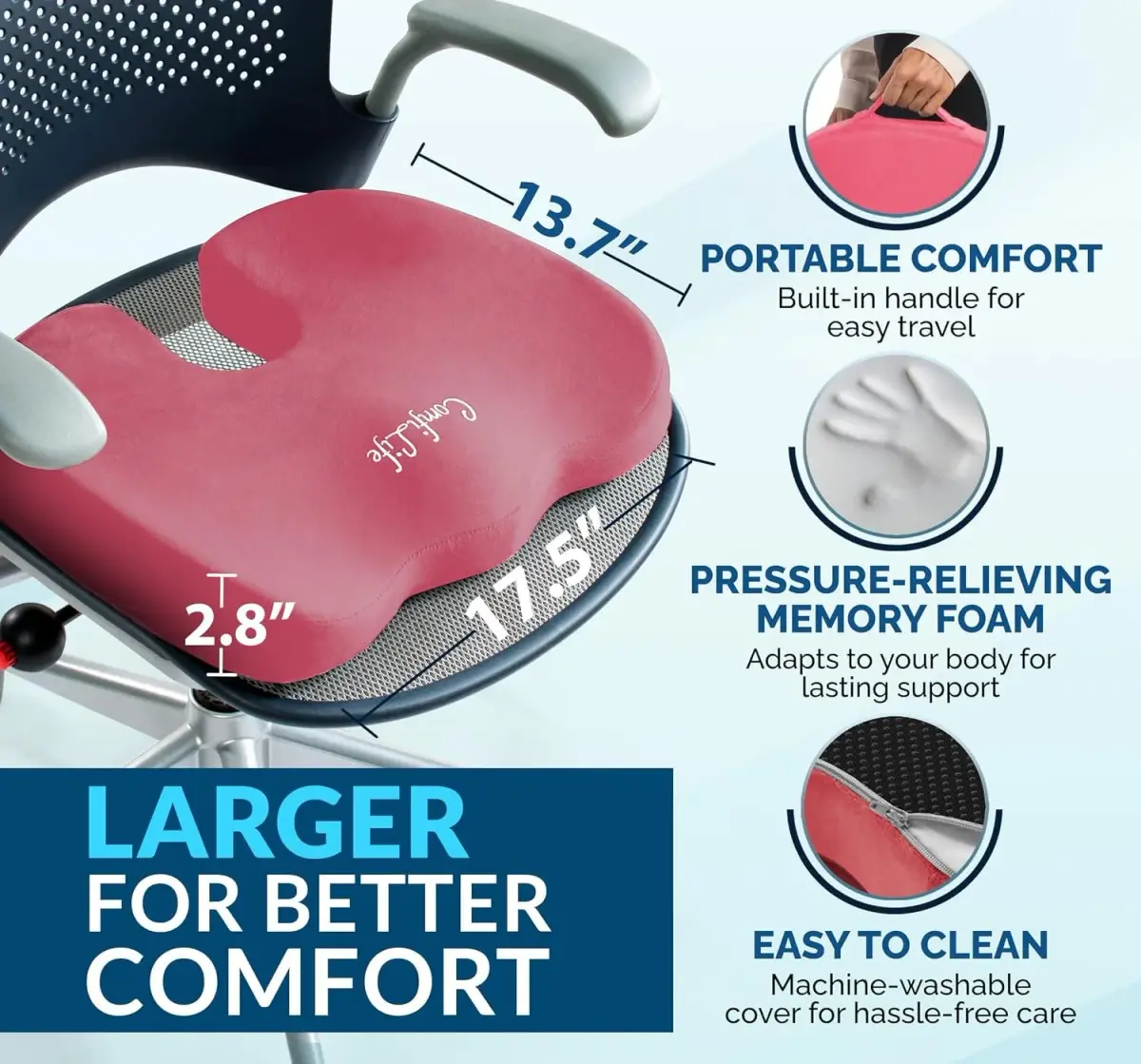 ComfiLife Gel Memory Foam Seat Cushion with Cooling Gel Layer - Ergonomic U-Shape for Back & Sciatica Relief - Pink, 44cm (17.5") - view 5