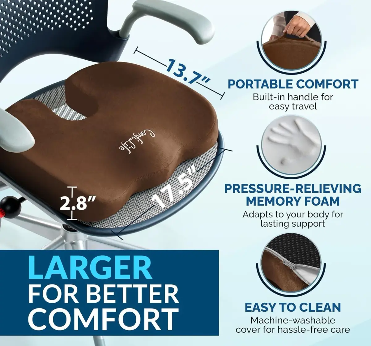 ComfiLife Gel Memory Foam Seat Cushion with Cooling Gel Layer & U-Shape Cutout | Doctor Recommended for Back & Sciatica Relief (Brown, 17.5" x 13.7" x 2.8") - view 6
