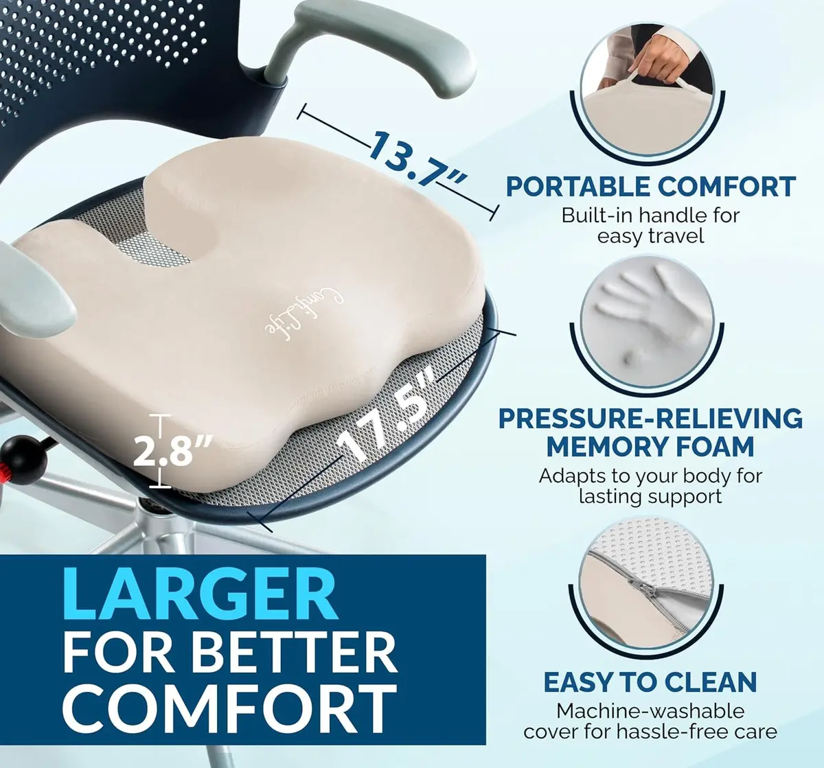 ComfiLife Gel Memory Foam Seat Cushion with Cooling Gel Layer | 43.9cm x 34.8cm x 7.1cm (17.3" x 13.7" x 2.8") - view 6