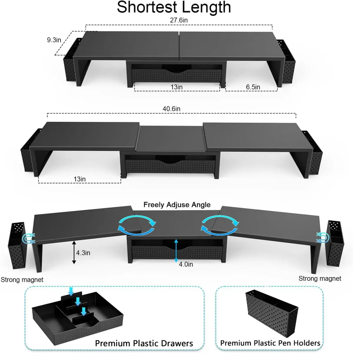 gianotter Dual Monitor Stand Riser with Drawer and Pen Holders, Black | USPTO Patented Organizer - view 6
