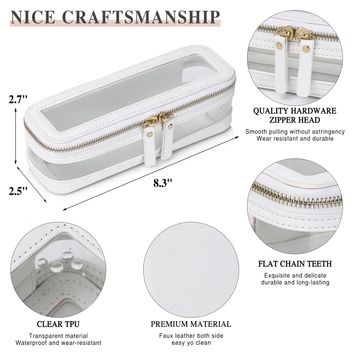 Pinkmik Slim Clear Makeup Brush Case White 21.5cm (8.46") | Waterproof Faux Leather Travel Cosmetic Bag - view 4