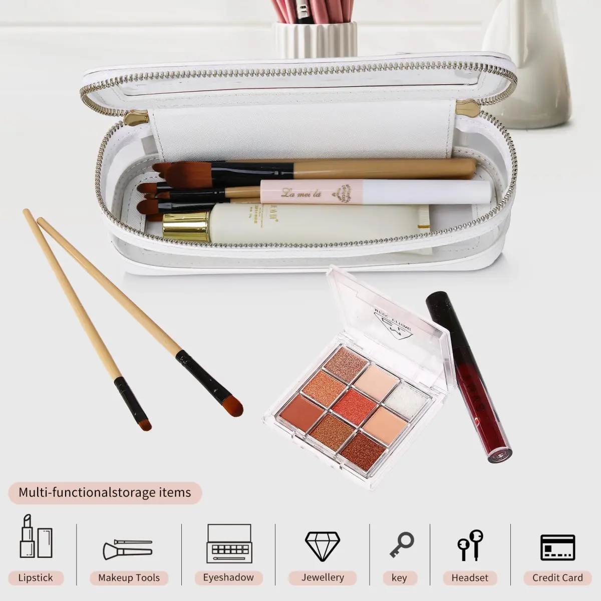 Pinkmik Slim Clear Makeup Brush Case White 21.5cm (8.46") | Waterproof Faux Leather Travel Cosmetic Bag - view 5