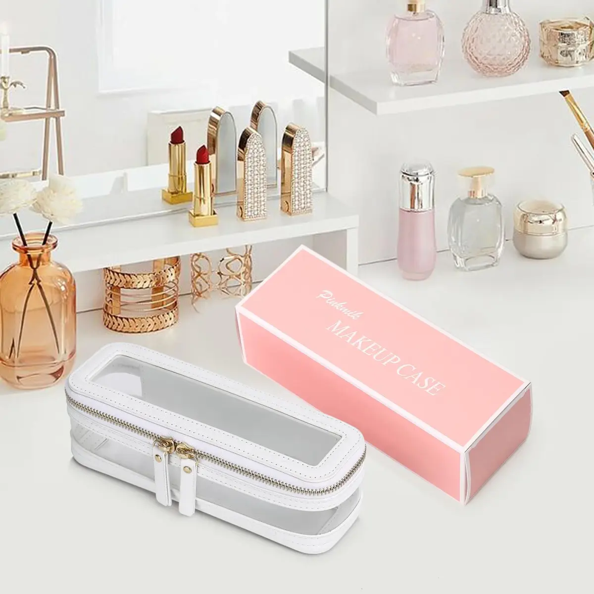 Pinkmik Slim Clear Makeup Brush Case White 21.5cm (8.46") | Waterproof Faux Leather Travel Cosmetic Bag - view 6