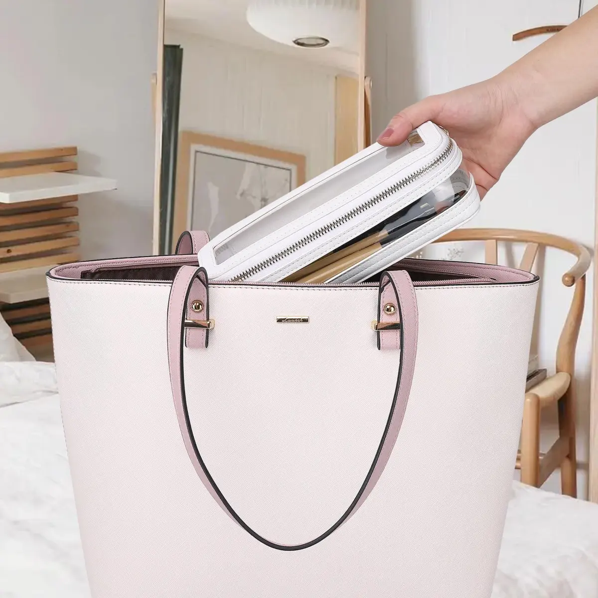 Pinkmik Slim Clear Makeup Brush Case White 21.5cm (8.46") | Waterproof Faux Leather Travel Cosmetic Bag - view 2