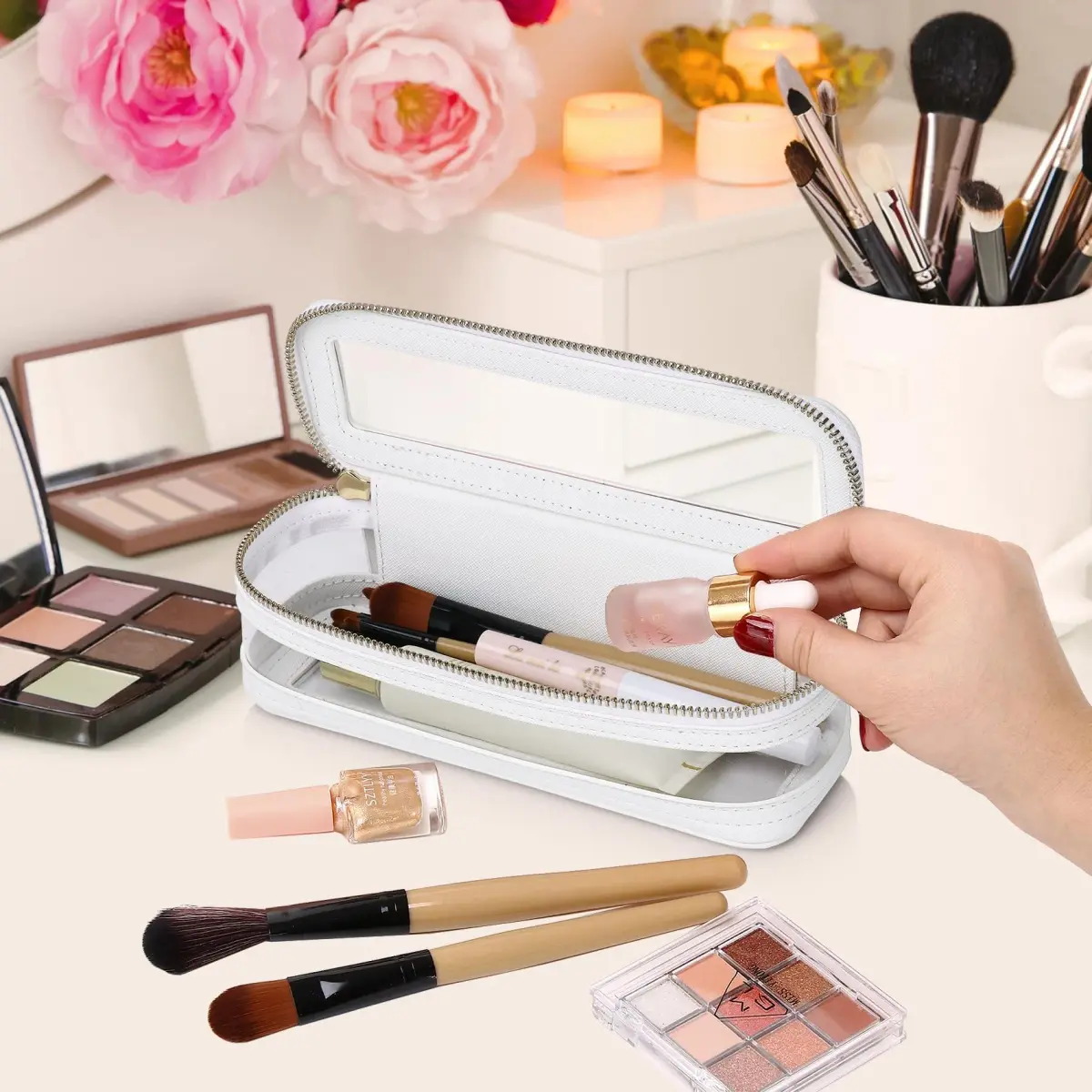 Pinkmik Slim Clear Makeup Brush Case White 21.5cm (8.46") | Waterproof Faux Leather Travel Cosmetic Bag - view 3