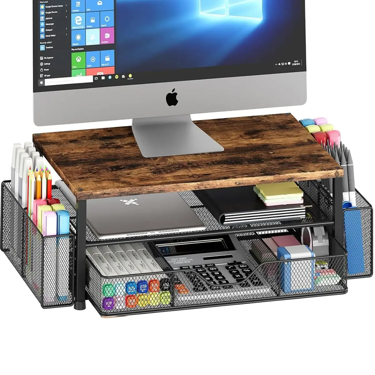 OPNICE 2-Tier Monitor Stand Riser with Drawer and Pen Holders, Brown 36.4 cm (14.4 in) | Ergonomic Design for Office Organization - main product image