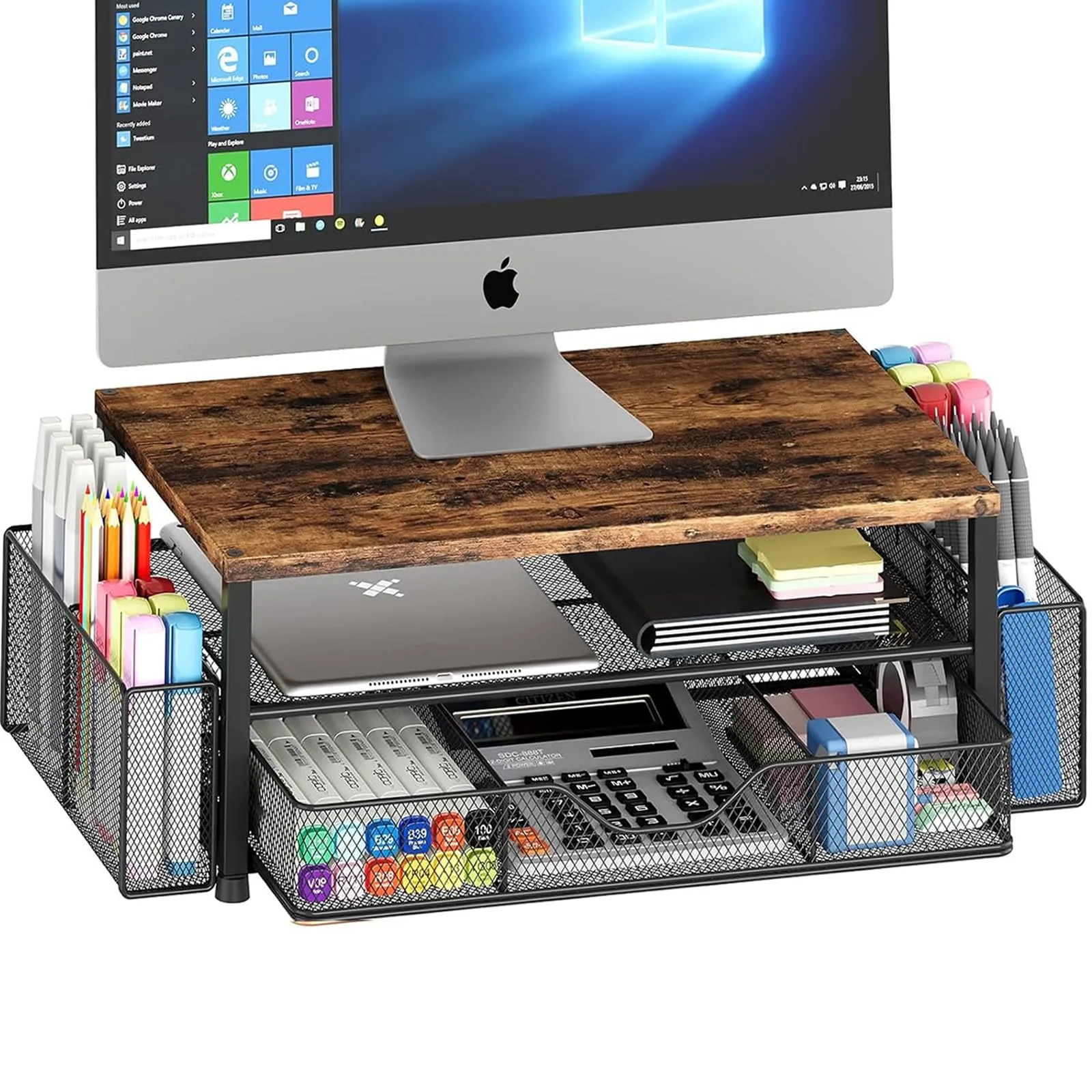 OPNICE 2-Tier Monitor Stand Riser with Drawer and Pen Holders, Brown Wood Finish | Ergonomic Computer Workstation Organizer - main product image