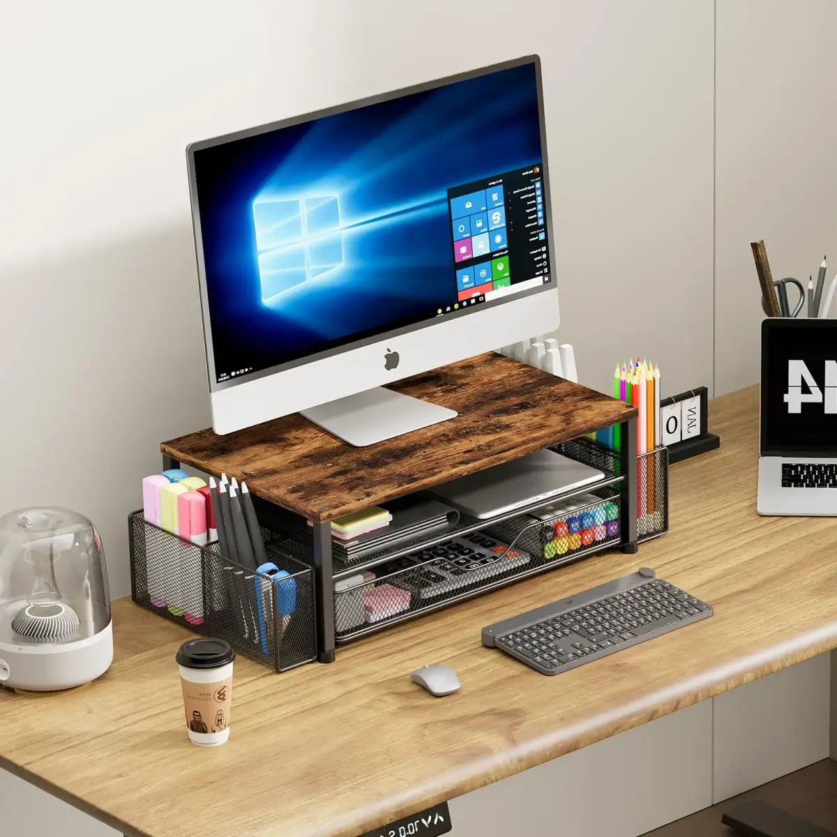 OPNICE 2-Tier Monitor Stand Riser with Drawer and Pen Holders, Brown 36.4 cm (14.4 in) | Ergonomic Design for Office Organization - view 5
