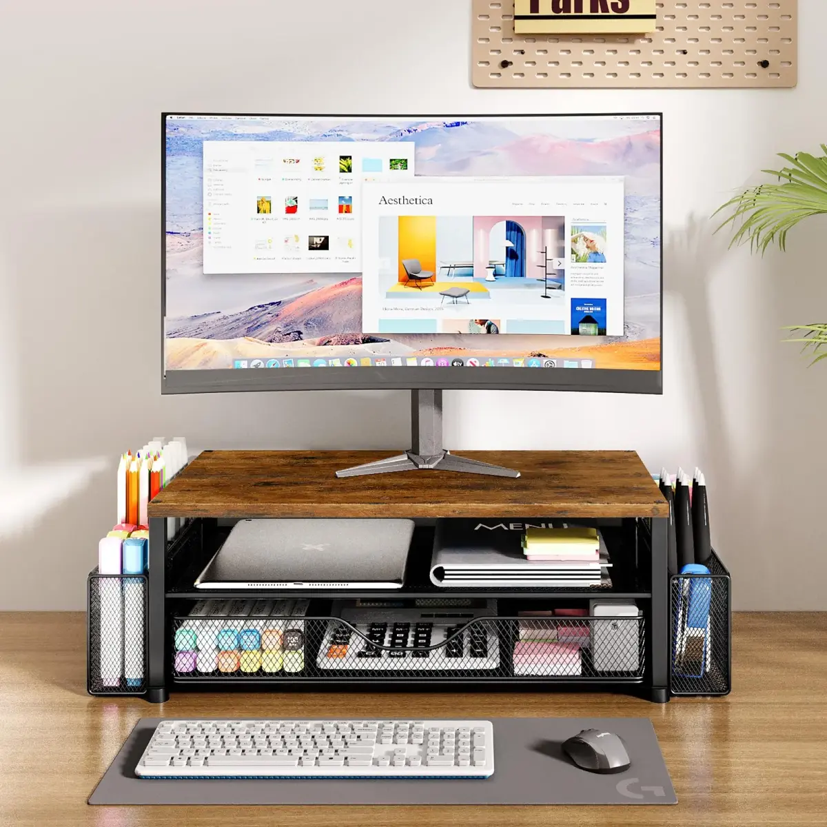 OPNICE 2-Tier Monitor Stand Riser with Drawer and Pen Holders, Brown 36.4 cm (14.4 in) | Ergonomic Design for Office Organization - view 2