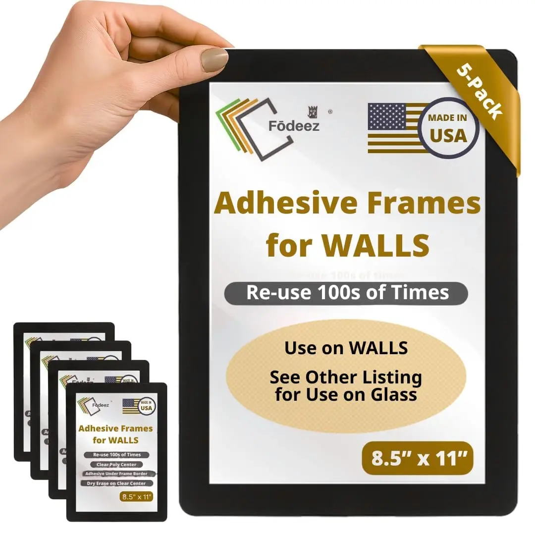 Fodeez 8.5 x 11 Adhesive Wall Frames - Peel & Stick Picture Frames, Dry Erase, Reusable, Pack of 5 - main product image