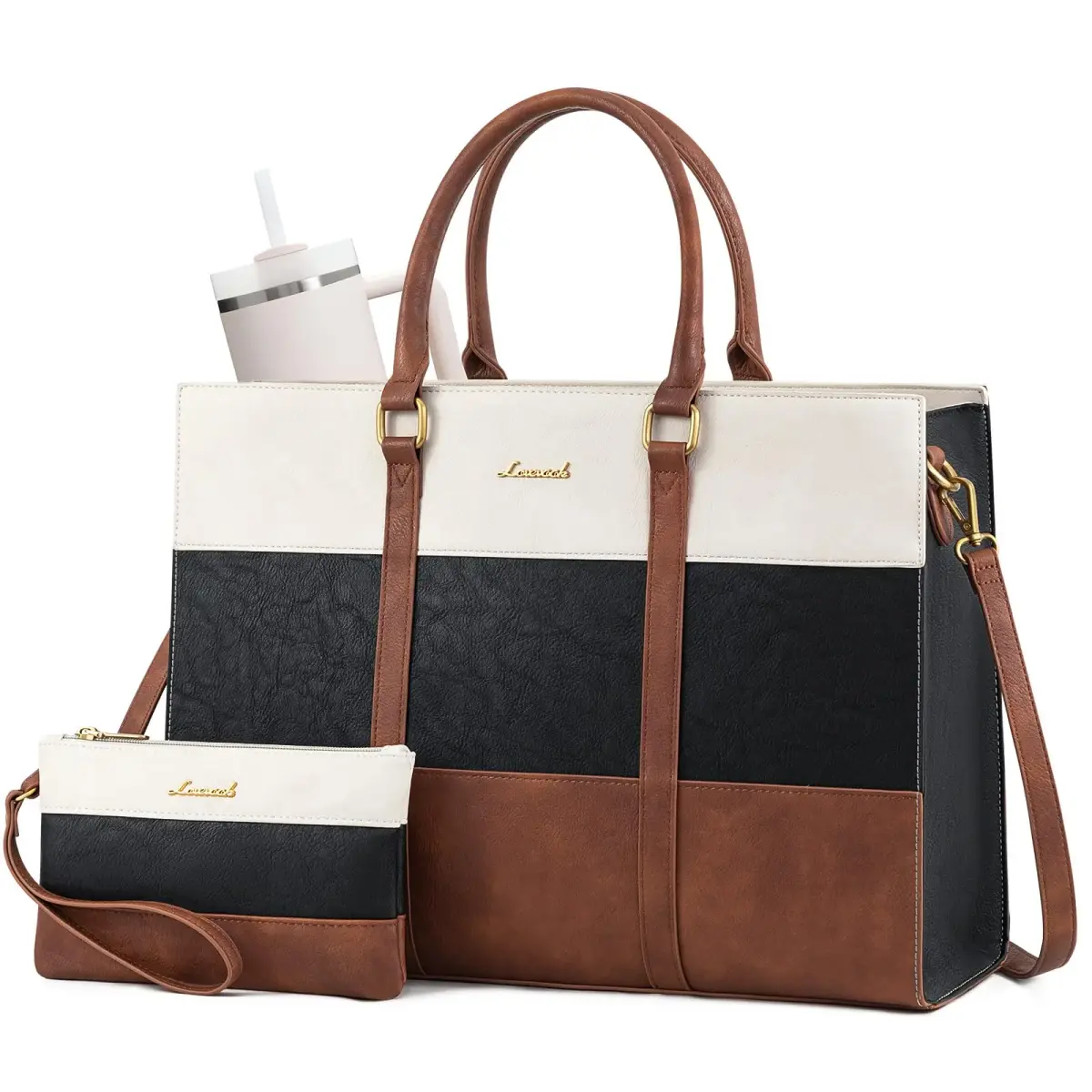 LOVEVOOK Laptop Bag for Women, 15.6 Inch Vintage Leather Tote Bag | Waterproof Computer Bag with Clutch Purse - main product image