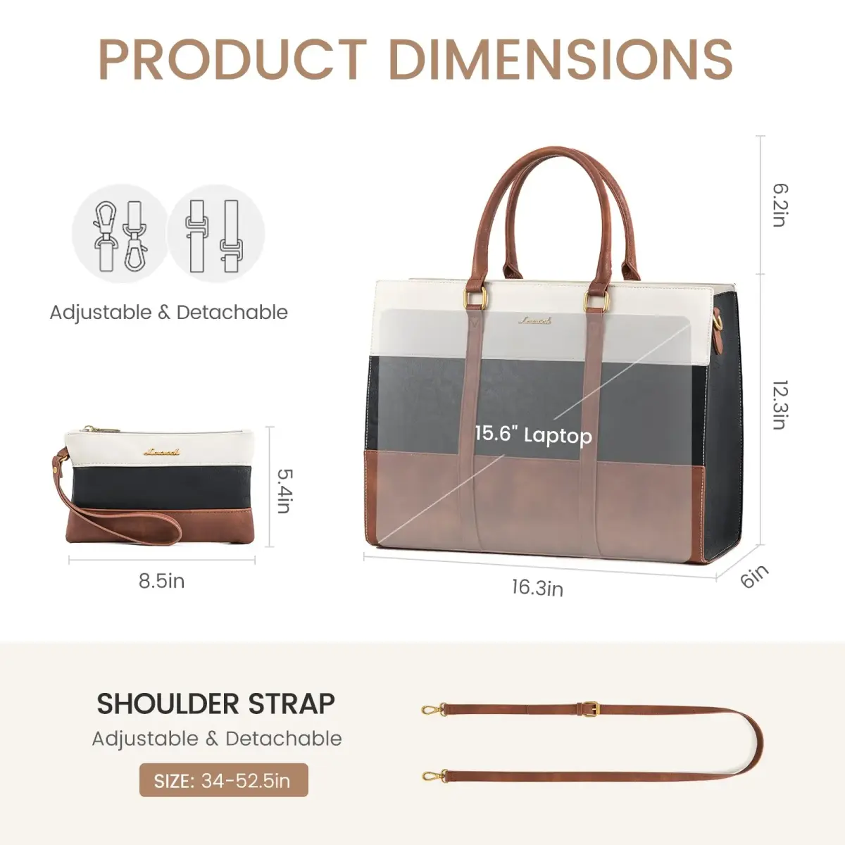 LOVEVOOK Laptop Bag for Women, 15.6 Inch Vintage Leather Tote Bag | Waterproof Computer Bag with Clutch Purse - view 5