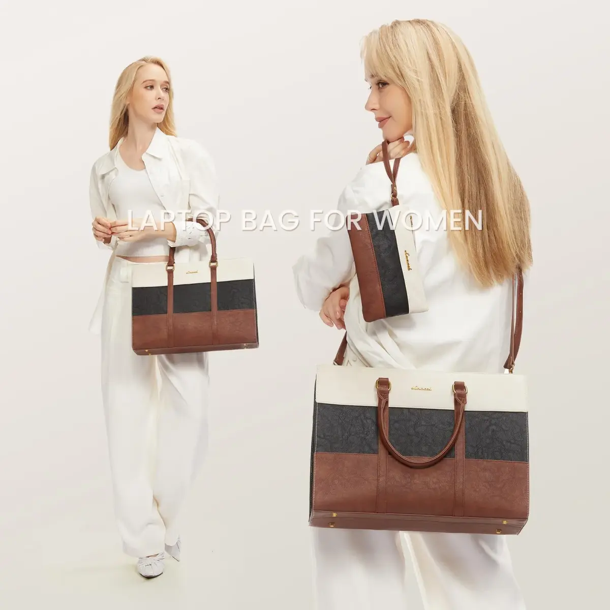 LOVEVOOK Laptop Bag for Women, 15.6 Inch Vintage Leather Tote Bag | Waterproof Computer Bag with Clutch Purse - view 2
