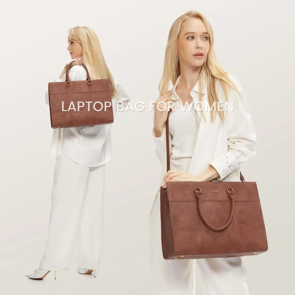 LOVEVOOK Laptop Bag for Women, 15.6 Inch Vintage Leather Tote Bag | Waterproof Work Bag with Clutch Purse - view 2