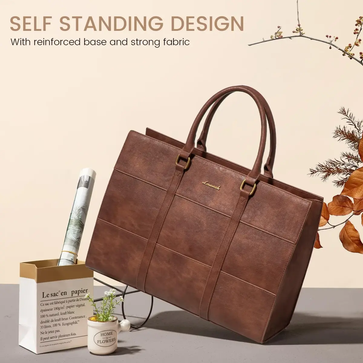 LOVEVOOK Laptop Bag for Women, 15.6 Inch Vintage Leather Tote Bag | Waterproof Work Bag with Clutch Purse - view 3
