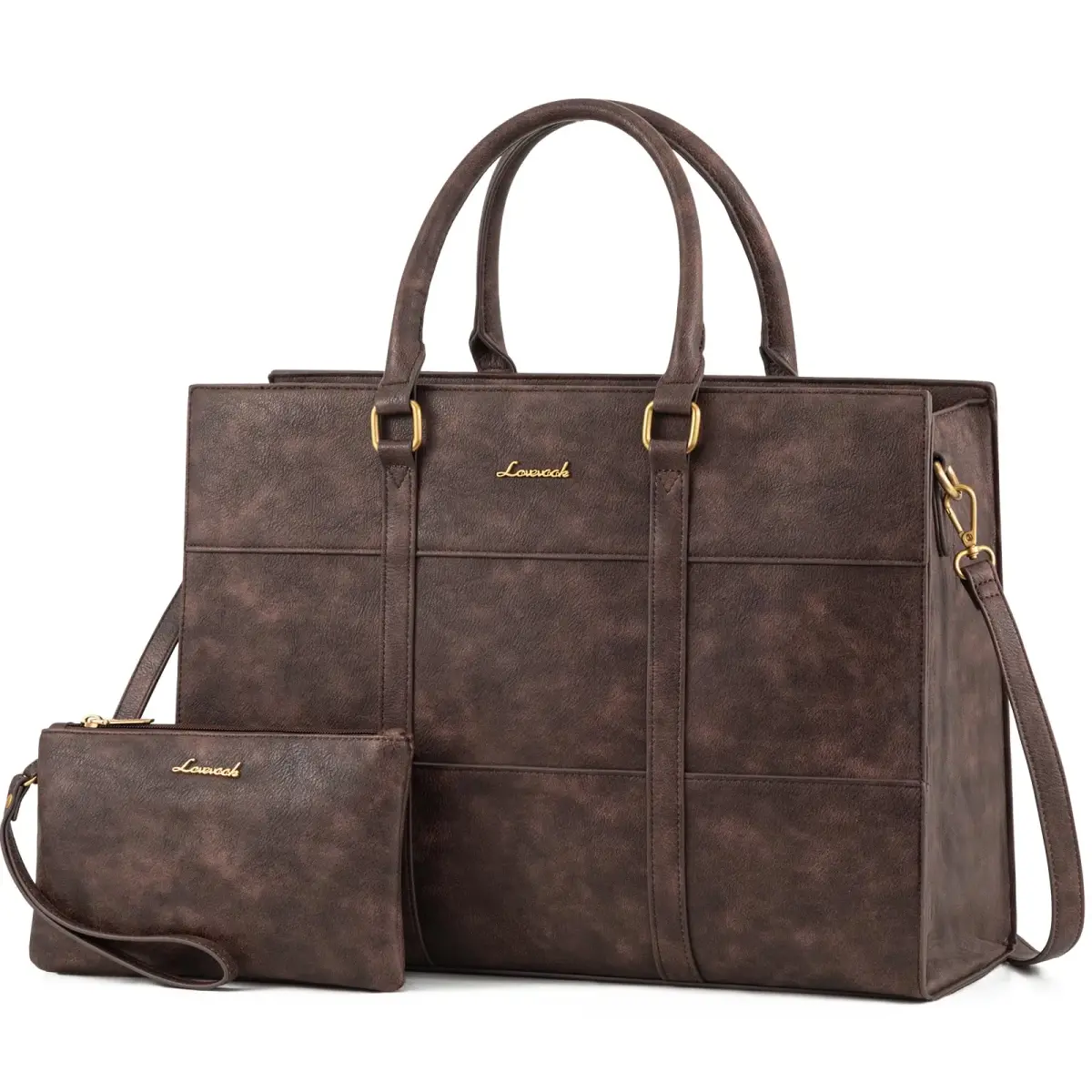 LOVEVOOK Vintage Leather Laptop Tote Bag for Women, 15.6 Inch (39.6 cm) with Clutch Purse | Waterproof Business Office Bag - main product image