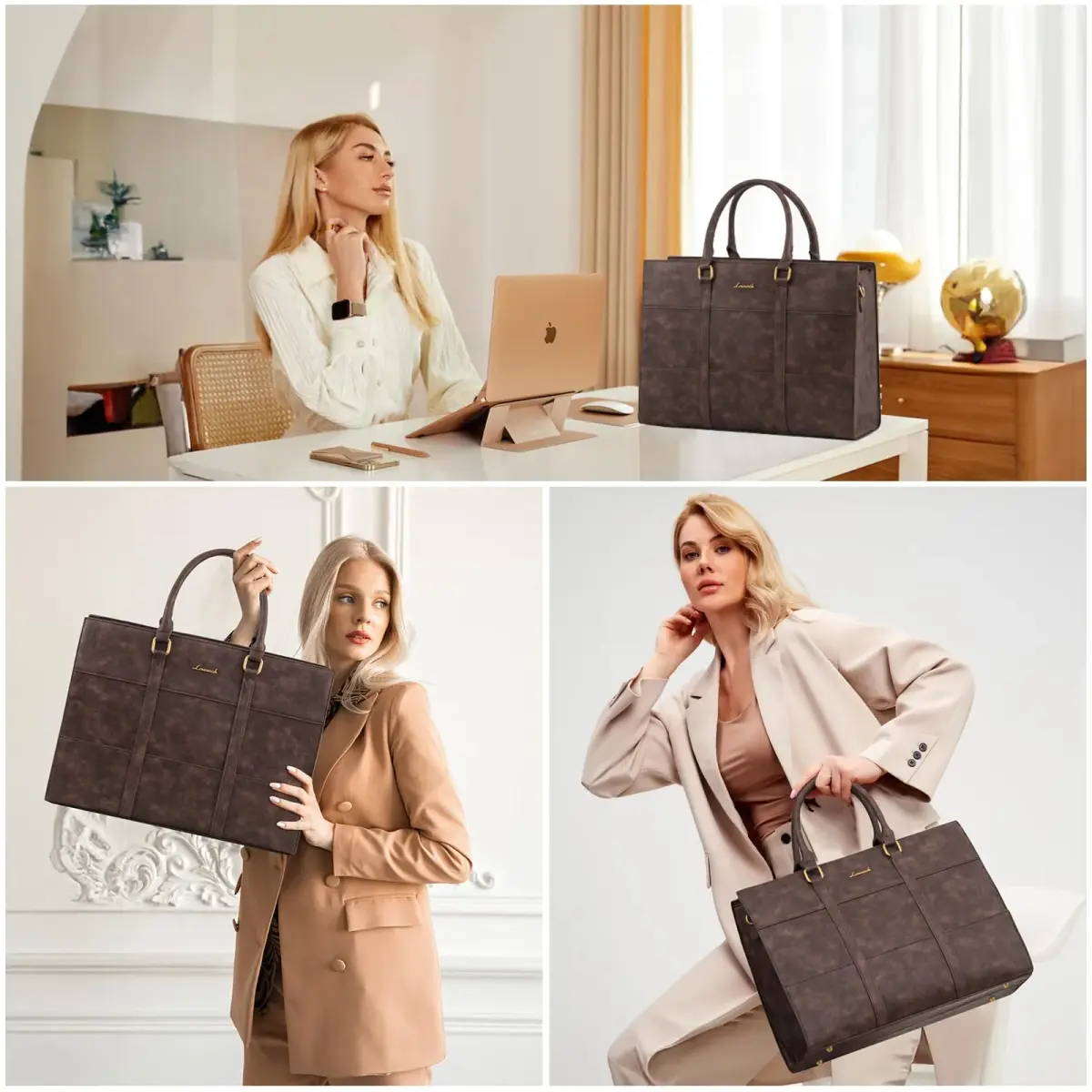 LOVEVOOK Vintage Leather Laptop Tote Bag for Women, 15.6 Inch (39.6 cm) with Clutch Purse | Waterproof Business Office Bag - view 8