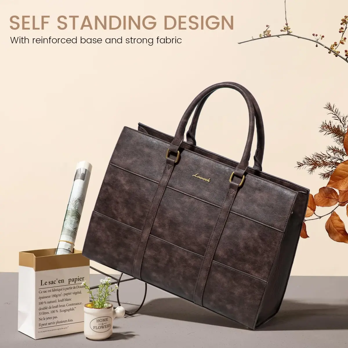 LOVEVOOK Vintage Leather Laptop Tote Bag for Women, 15.6 Inch (39.6 cm) with Clutch Purse | Waterproof Business Office Bag - view 3