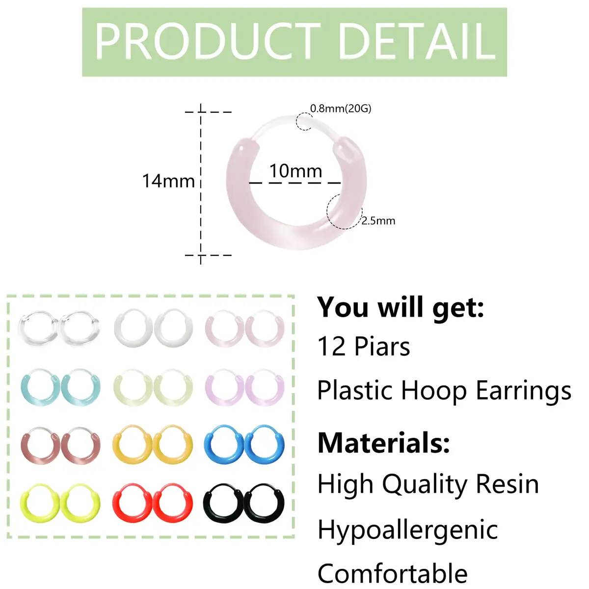 KASFREE Plastic Hoop Earrings for Sensitive Ears 14mm | Hypoallergenic Clear Hoops for Women - view 2