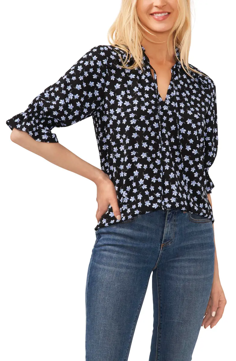 CeCe Elbow Sleeve Split Neck Top Rich Black | Versatile Casual Wear (70-120 chars) - main product image