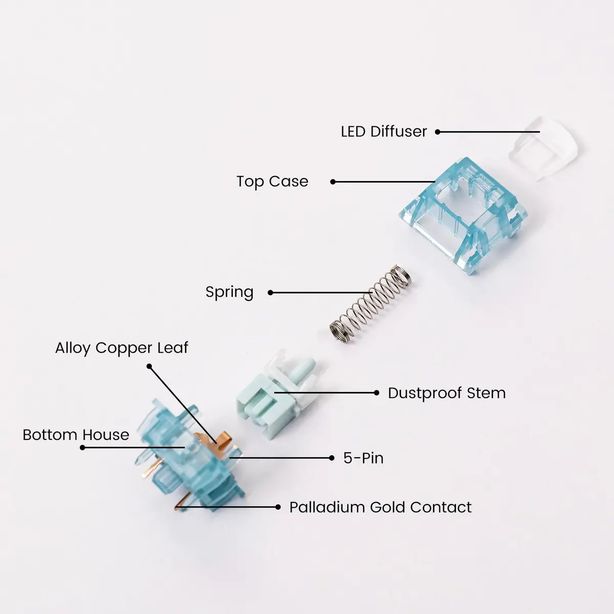 Akko Creamy Cyan Clicky Keyboard Switches (45pcs) | MX Style 5-Pin, 50gf, Pre-Lubed, LED Diffuser - view 7