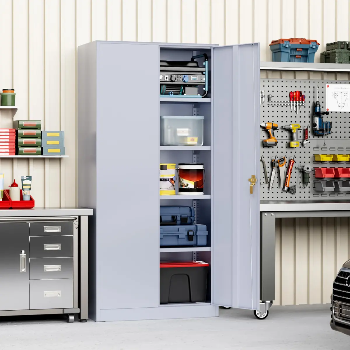 Greenvelly Metal Storage Cabinet with Doors and Shelves, 72" Inch Locking Metal Cabinet for Garage, Office, School, Warehouse, Dark Gray - view 6
