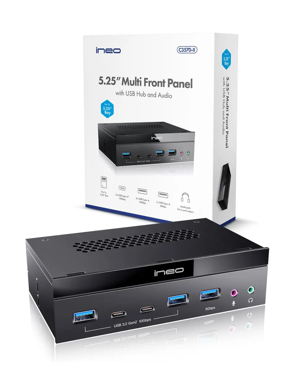 ineo 5.25" Front Panel USB 3.2 Gen 2 Hub - 2x 10Gbps USB-C, 2x 10Gbps USB-A, 1x USB 3.0 Type-A, Audio & Mic Jack [3570II] - view 5