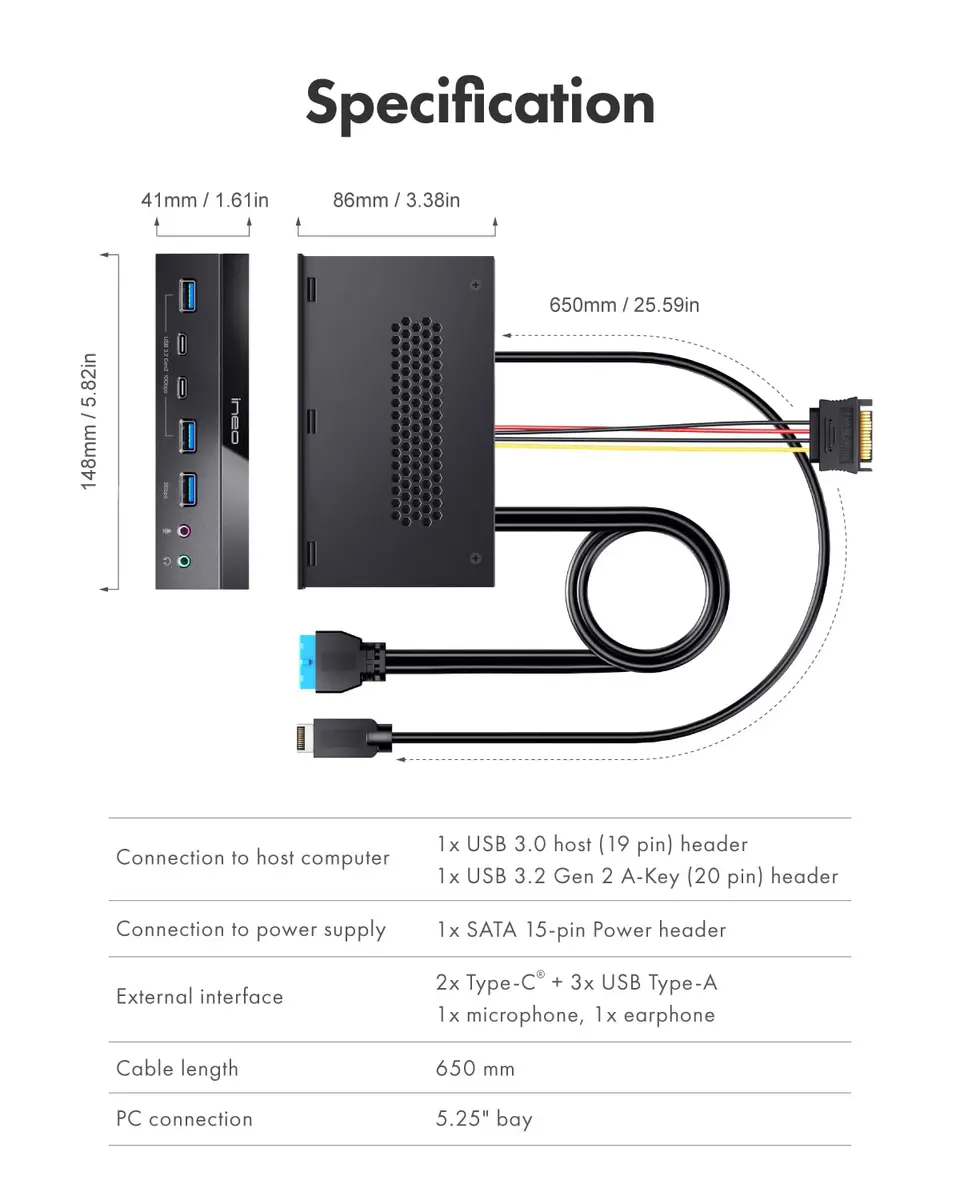 ineo 5.25" Front Panel USB 3.2 Gen 2 Hub - 2x 10Gbps USB-C, 2x 10Gbps USB-A, 1x USB 3.0 Type-A, Audio & Mic Jack [3570II] - view 6