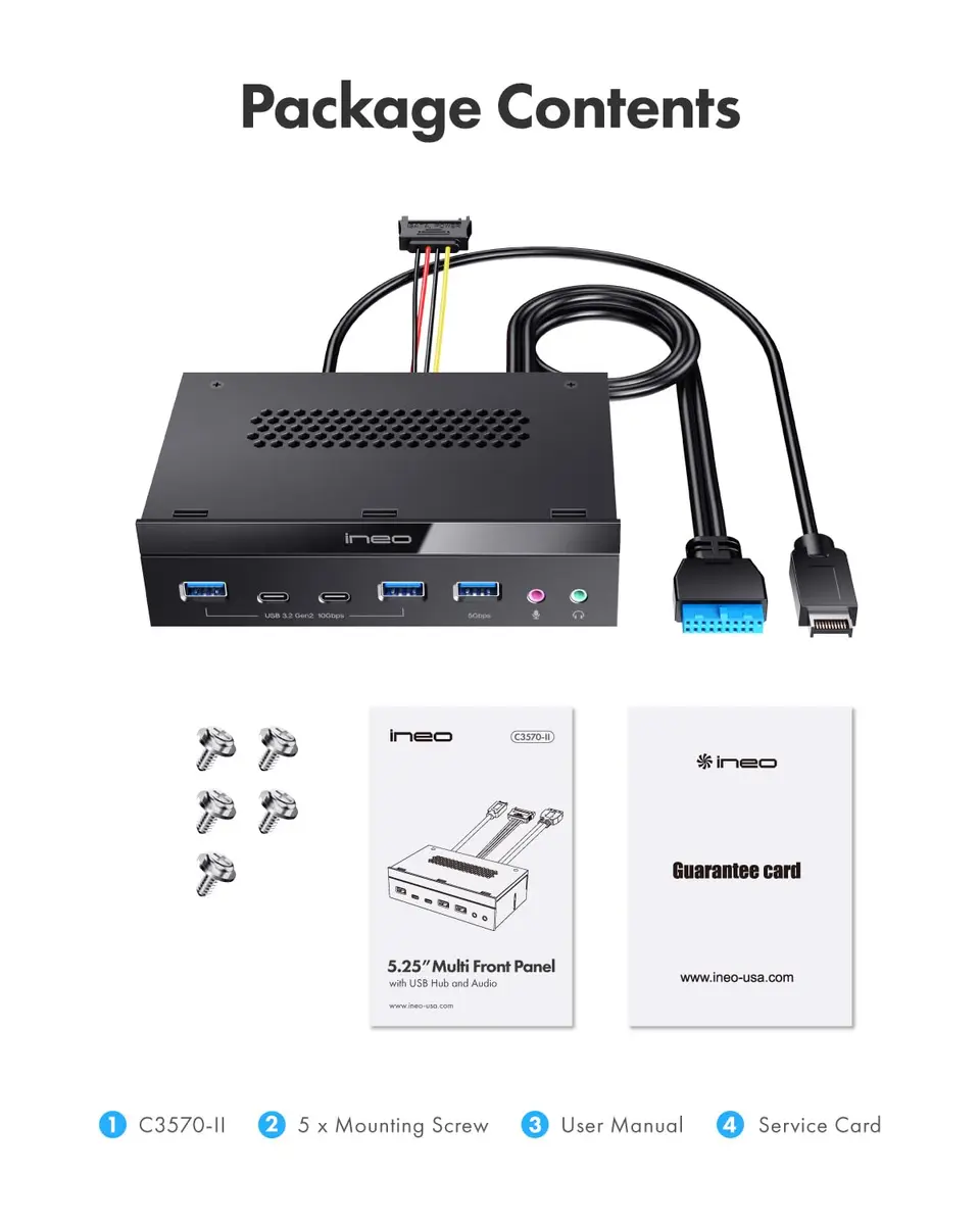 ineo 5.25" Front Panel USB 3.2 Gen 2 Hub - 2x 10Gbps USB-C, 2x 10Gbps USB-A, 1x USB 3.0 Type-A, Audio & Mic Jack [3570II] - view 7