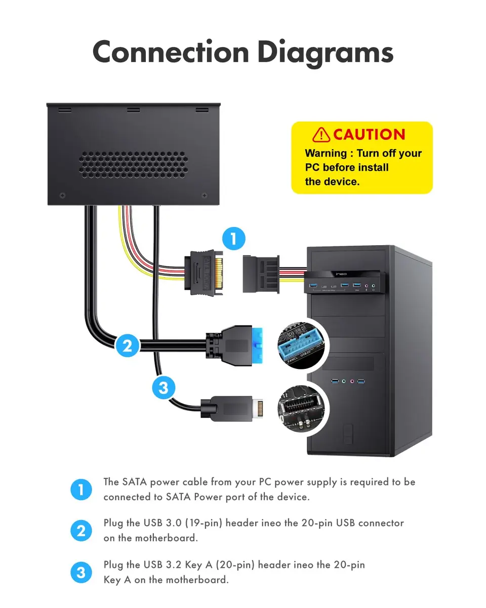 ineo 5.25" Front Panel USB 3.2 Gen 2 Hub - 2x 10Gbps USB-C, 2x 10Gbps USB-A, 1x USB 3.0 Type-A, Audio & Mic Jack [3570II] - view 2