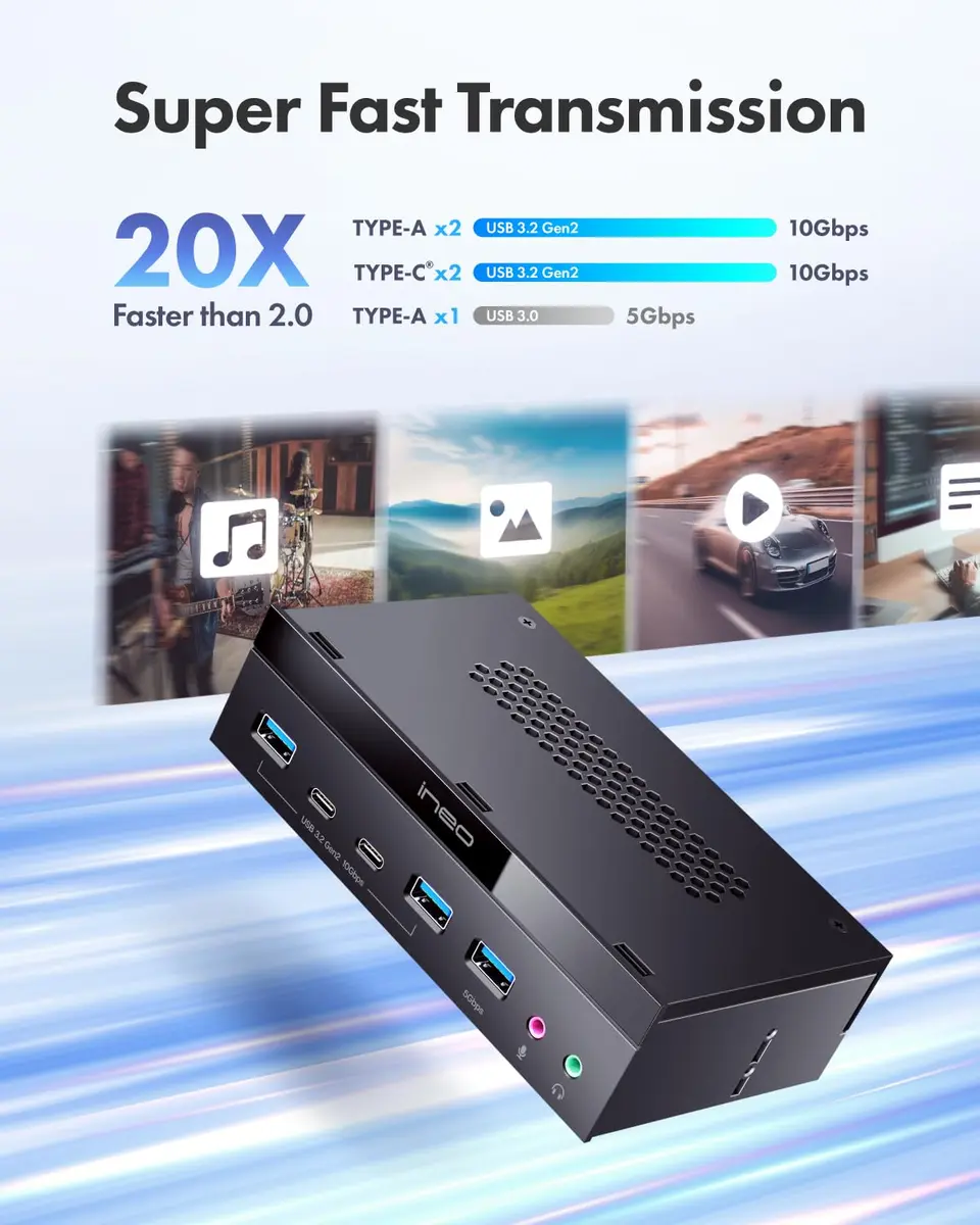 ineo 5.25" Front Panel USB 3.2 Gen 2 Hub - 2x 10Gbps USB-C, 2x 10Gbps USB-A, 1x USB 3.0 Type-A, Audio & Mic Jack [3570II] - view 3