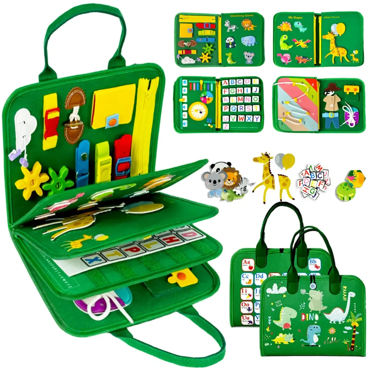Qizfun Dinosaur Busy Board 22cm x 27.9cm (11 x 10.2 inches) | Montessori Learning Toy for Toddlers - main product image